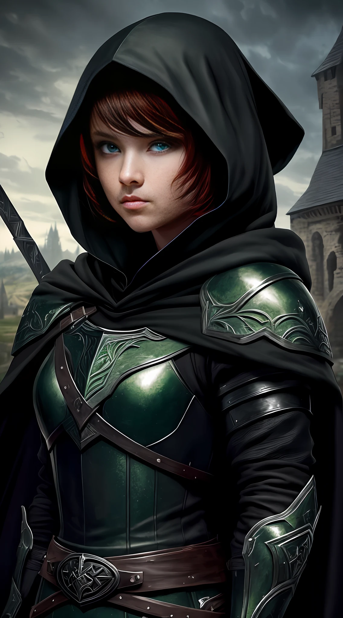 A girl, beautiful, perfect, small, epic character, (black skin), (green eyes), (red hair), (wearing black armor), (wearing black cloak), (wearing black hood), masterpiece, (portrait), high-quality, HD, medieval, burgh, warrior, D&D style, RPG book character