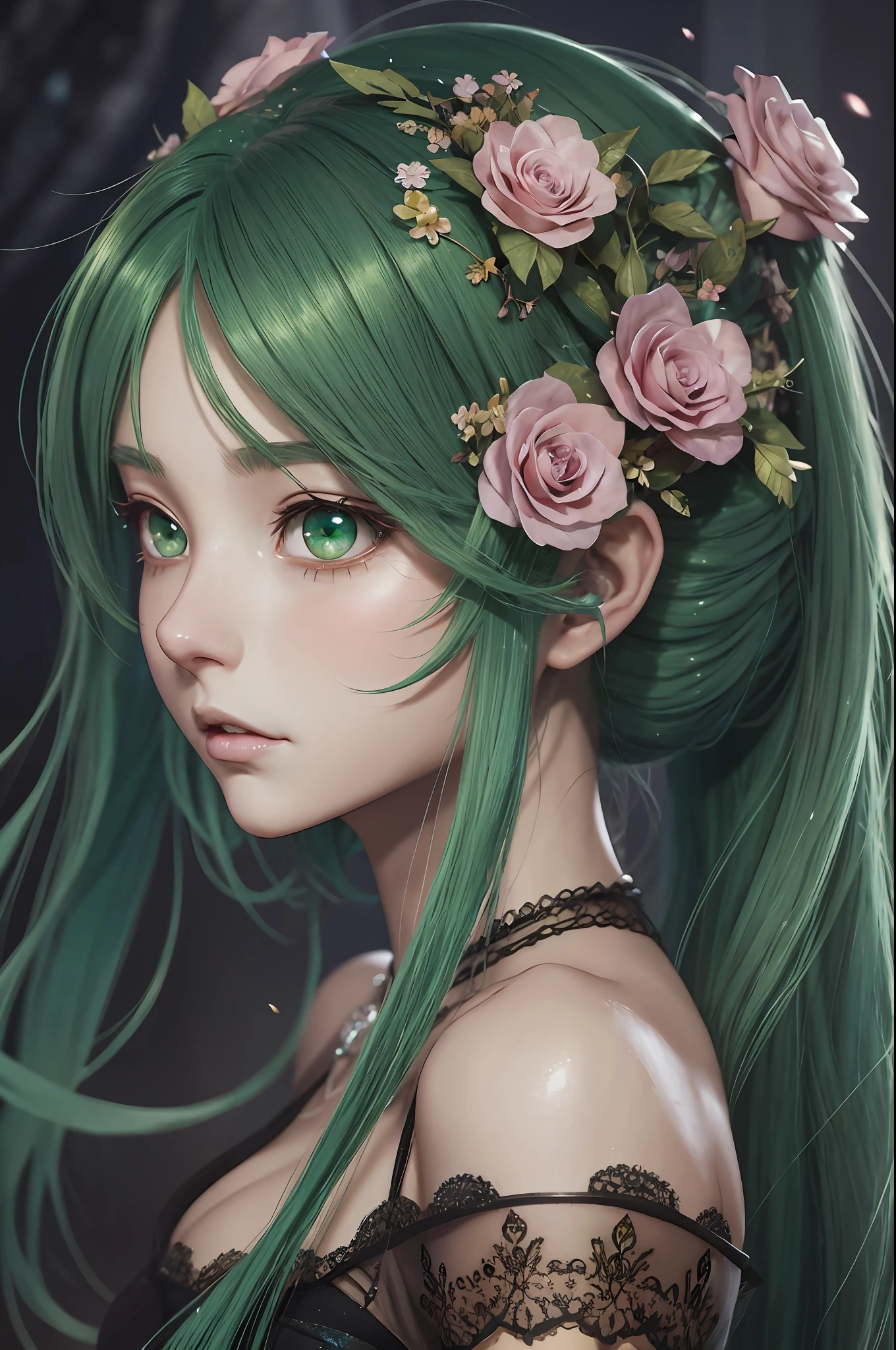 a woman with green hair and flowers in her hair, stunning 3d render of a fairy, realistic anime 3 d style, 2. 5 d cgi anime fantasy artwork, fairy cgsociety, beautiful fantasy art portrait, realistic anime art style, realistic anime artstyle, beautiful fantasy portrait, beautiful elegant dryad, very beautiful fantasy art, digital art fantasy, beautiful fantasy painting