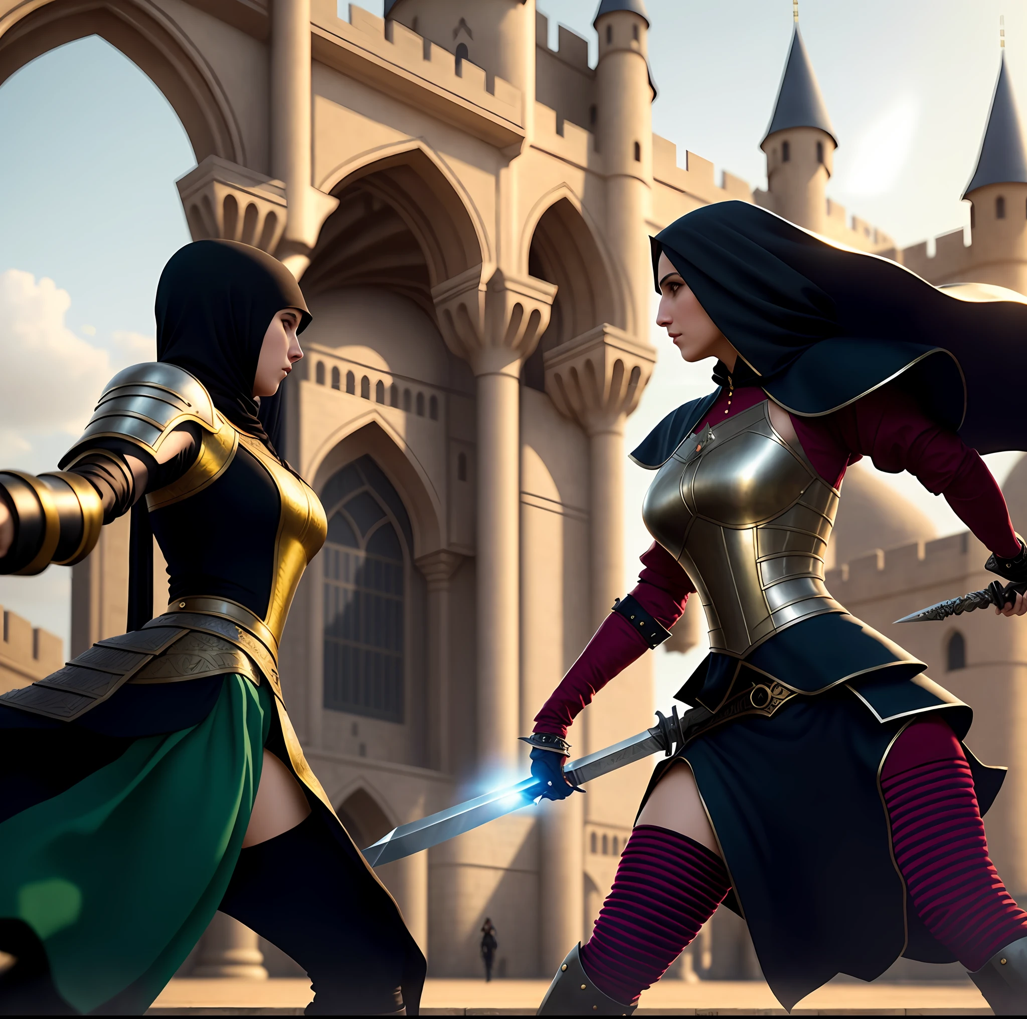 Two women sword fighting in front of a castle, woman dressed in Germany 1450 style, second woman dressed in Arab caliphate, castle((cyberpunk) style), Ross Tran and Michael Whelan, Greg Rutkowski, panorama, 16k, UHD, high details, super detail