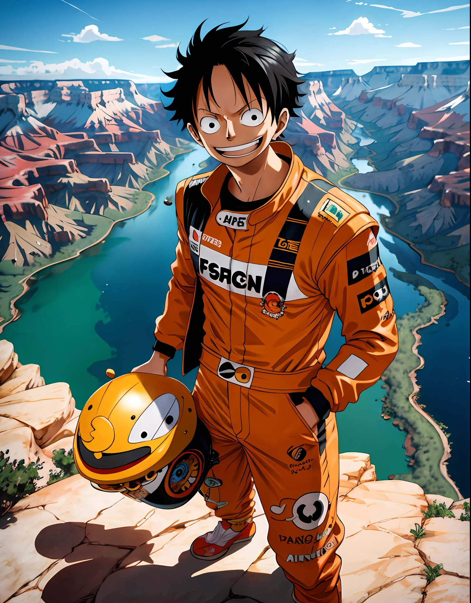 Luffy, (One Piece), absurd, highres, ultra detailed, (F1_racing_suit), [suit_orange_yelow], realistic, stunning visuals, grand canyon circuit, sunny day, face details