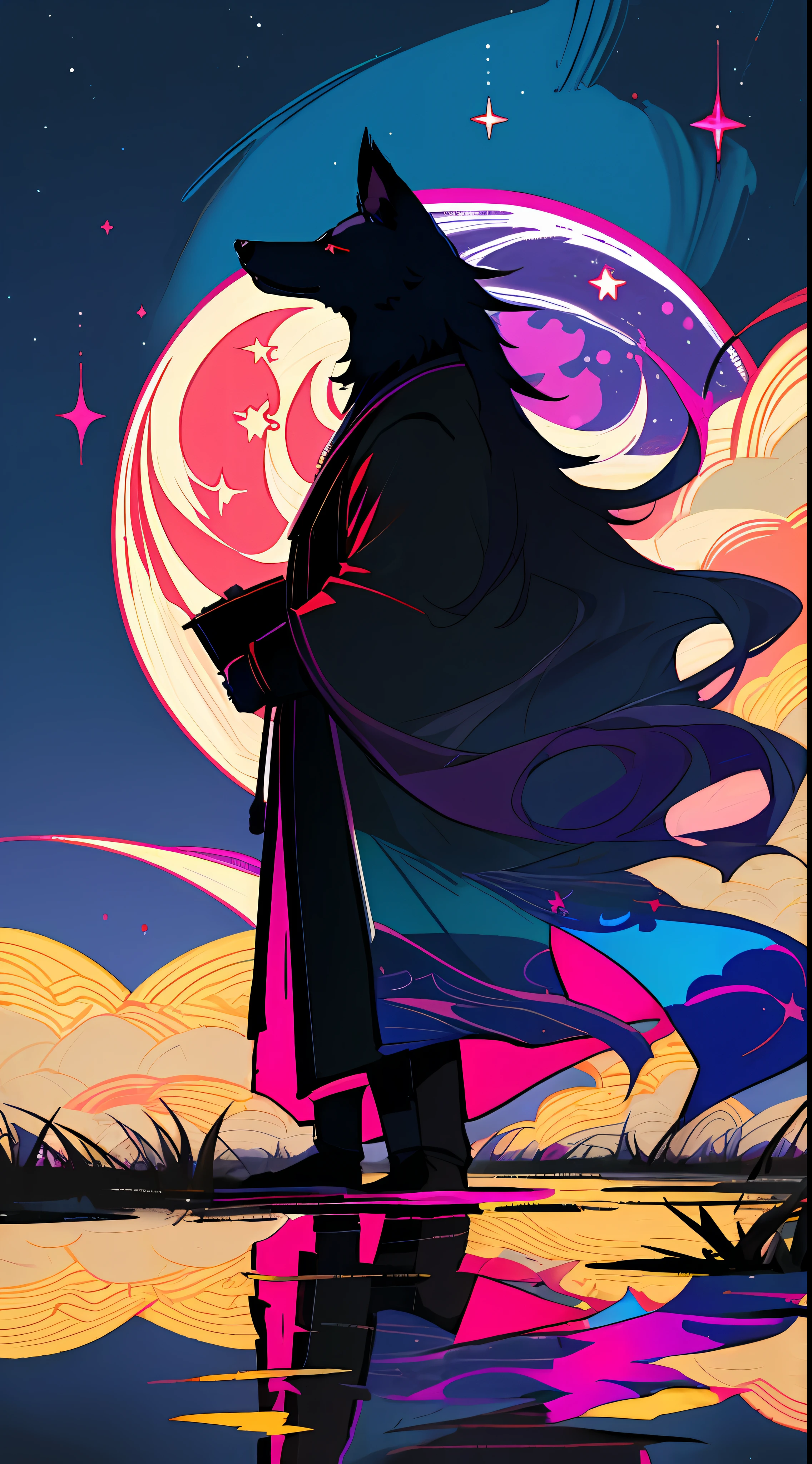 "((masterpiece)), better quality, ultra-deterrent details, high-definition illustration, majestic depiction of the black wolf and magenta, Okami, moonlight reflected in his coat, in the starry night, subtle lights illuminating the forest around him."