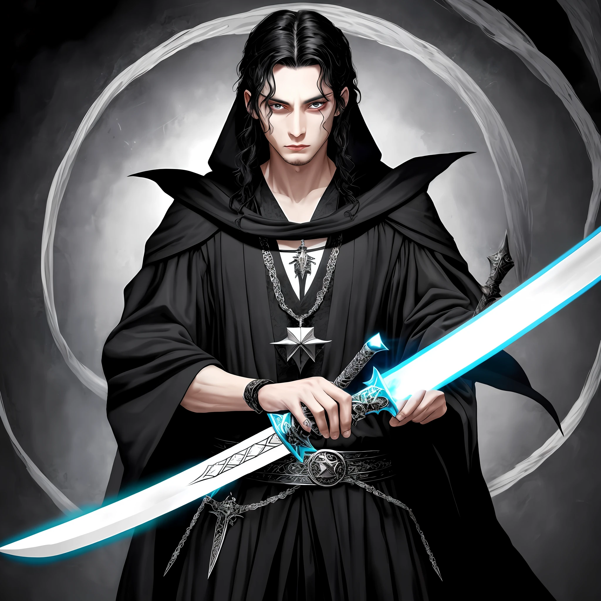 Wizard pale face black hair long black robe silver sword with magic jewel on handle, reading magic book