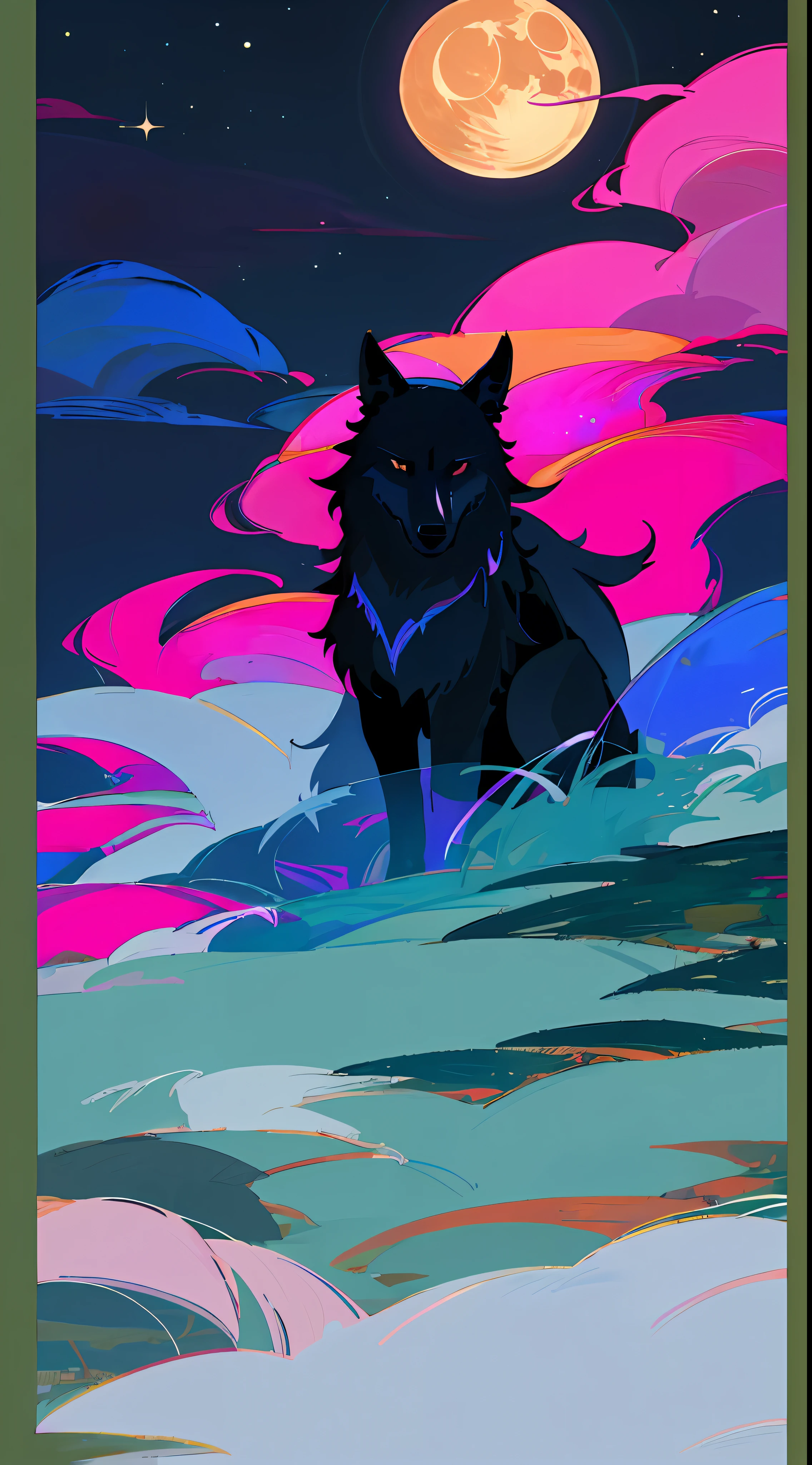 "((masterpiece)), better quality, ultra-deterrent details, high-definition illustration, majestic depiction of the black wolf and magenta, Okami, moonlight reflected in his coat, in the starry night, subtle lights illuminating the forest around him."