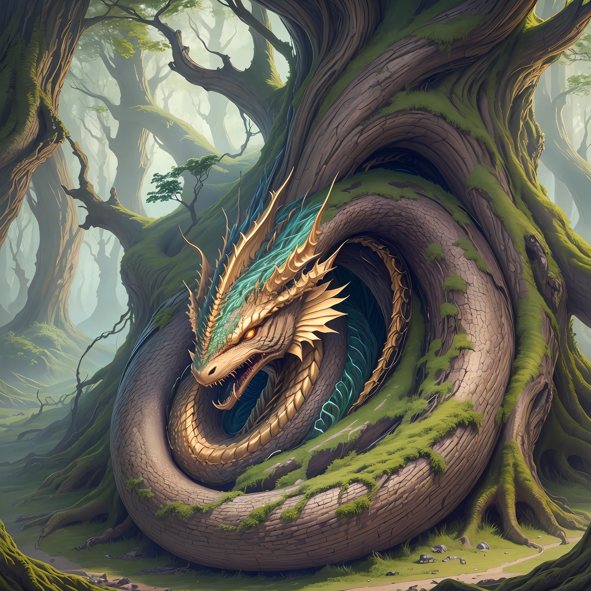 Golden dragon curled up in a giant Yggdrasil tree (hyper-realistic) (high resolution), (extremely detailed), (best illustration), (best quality), (ultra-detailed) --auto --s2