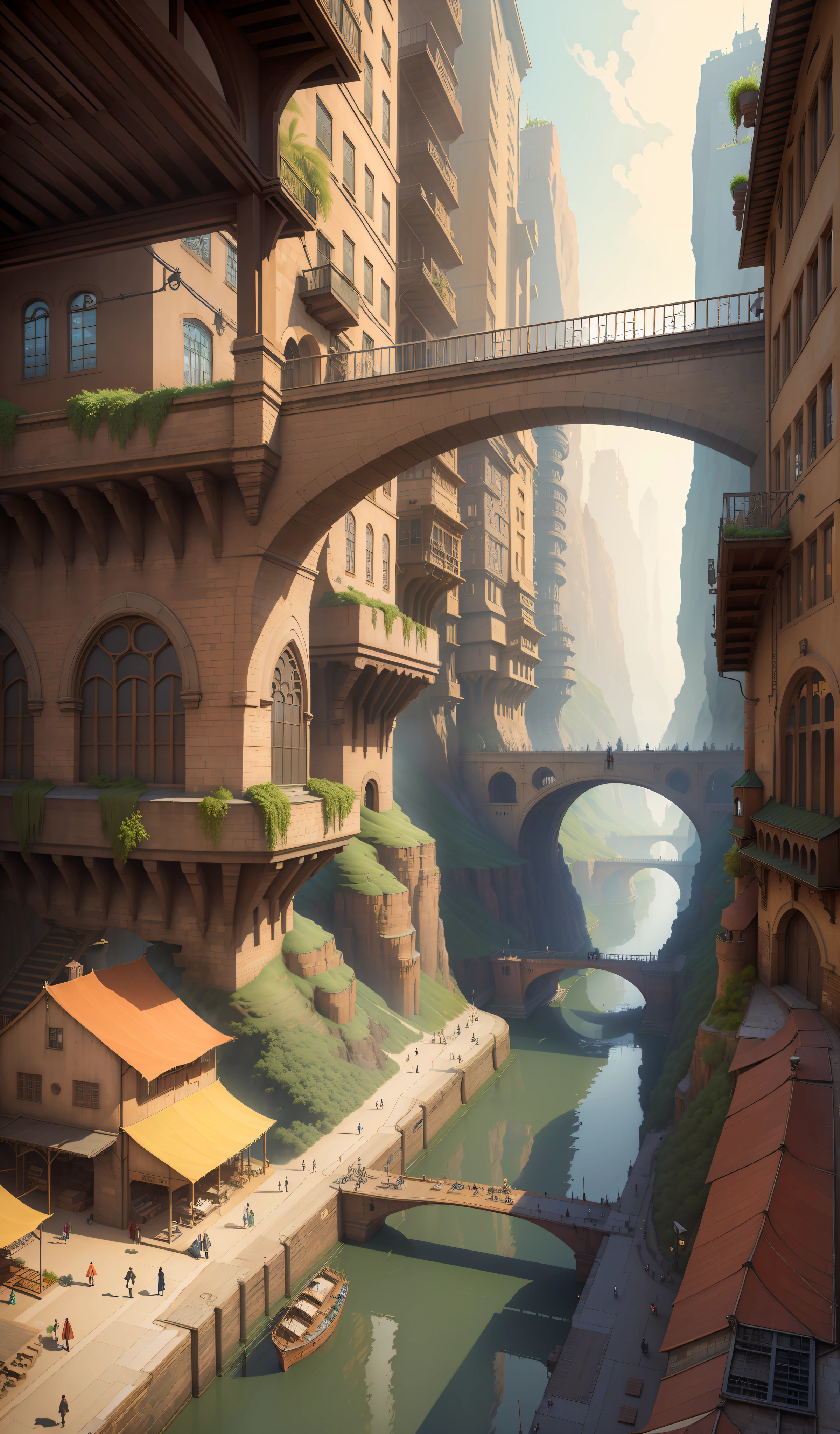((masterpiece)),((best quality)),((high detial)),((realistic))
Industrial age city, deep canyons in the middle, architectural streets, bazaars, Bridges, rainy days, steampunk, European architecture