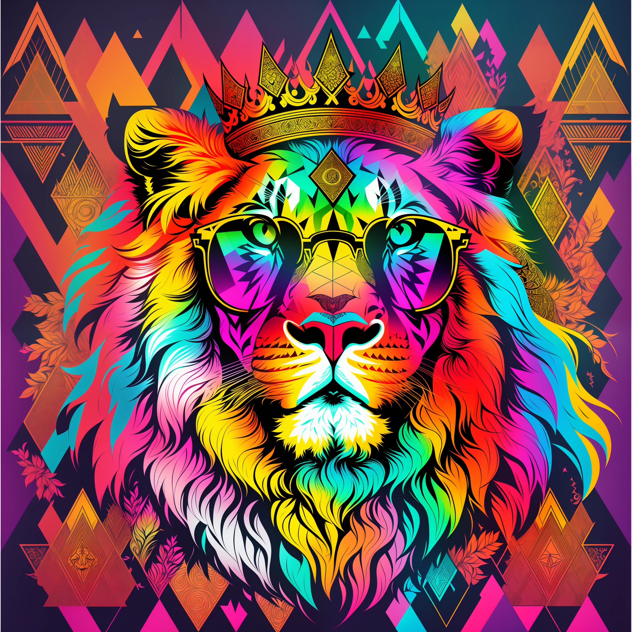Vector print style Streetwear design: Fierce lion with crown and sunglasses, surrounded by geometric patterns and urban elements. Vibrant colors and striking typography. Tags: [masterpiece], vector print, streetwear design, lion, crown, sunglasses, geometric patterns, urban elements, vibrant colors, typography.