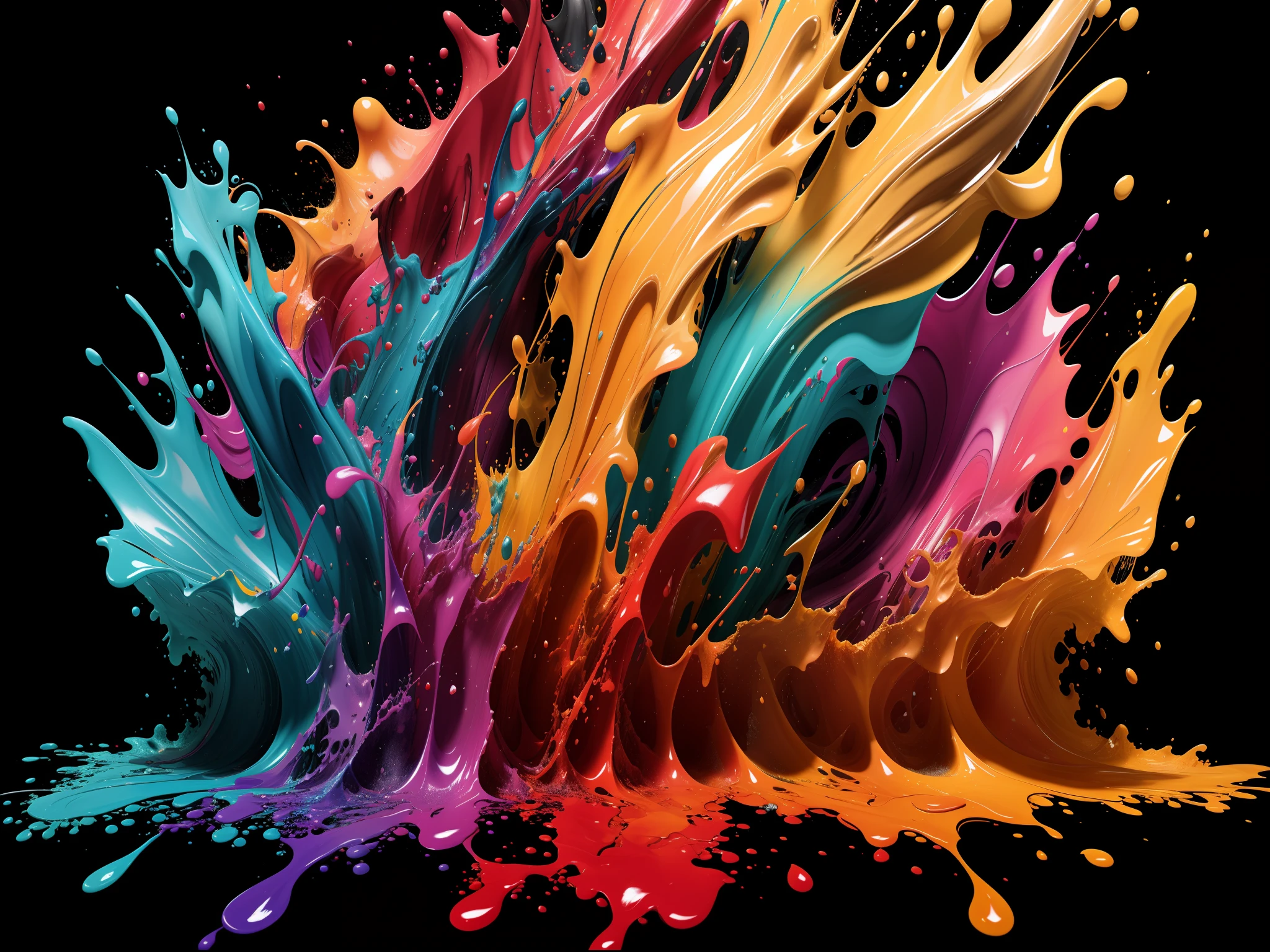 A dramatic 3D rendering of a sea of rough paint, colorful, colored ink waves, ink drips, color splashes, on black background, professional photography, studio quality, background