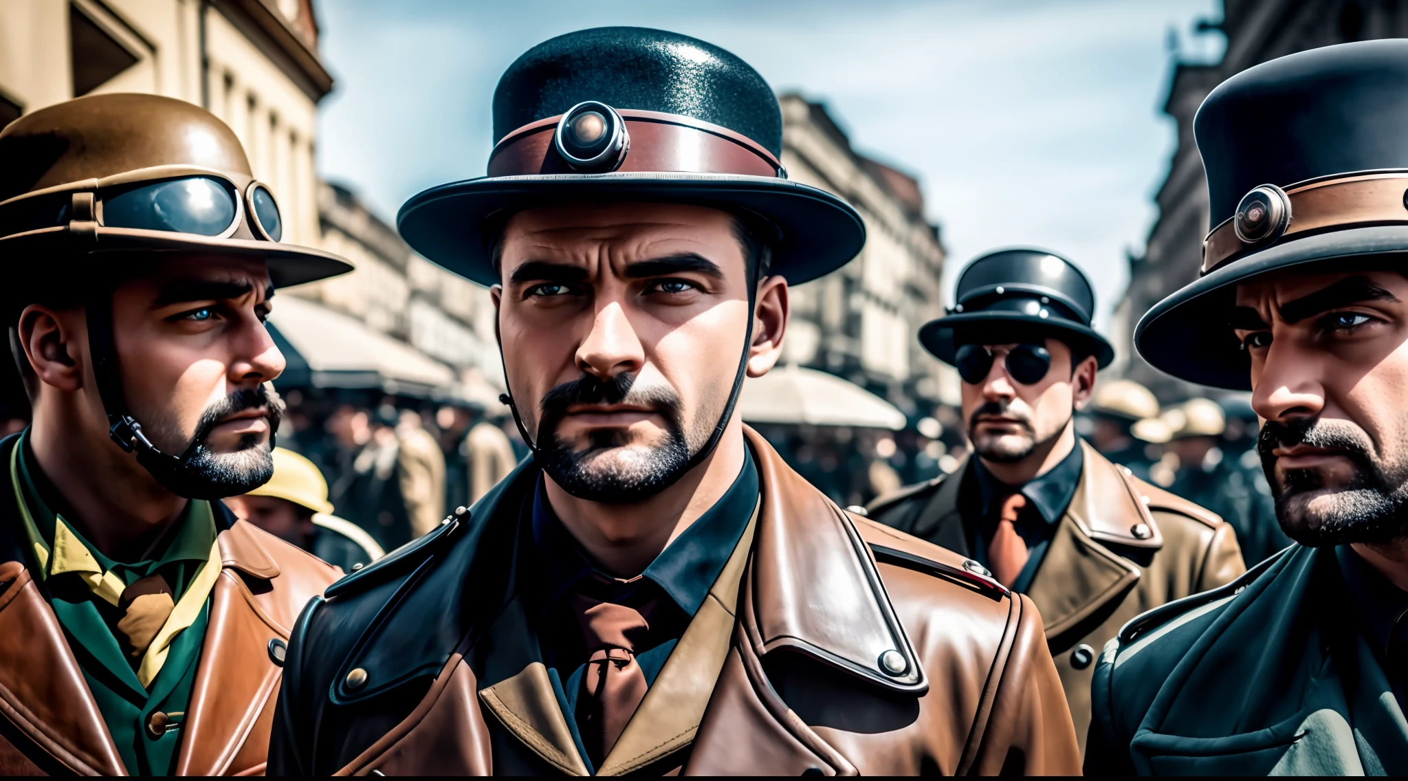 close up, busy street full of people dressed in dieselpunk attire, vibrant, photorealistic, realistic, dramatic, dark, sharp focus, 8k