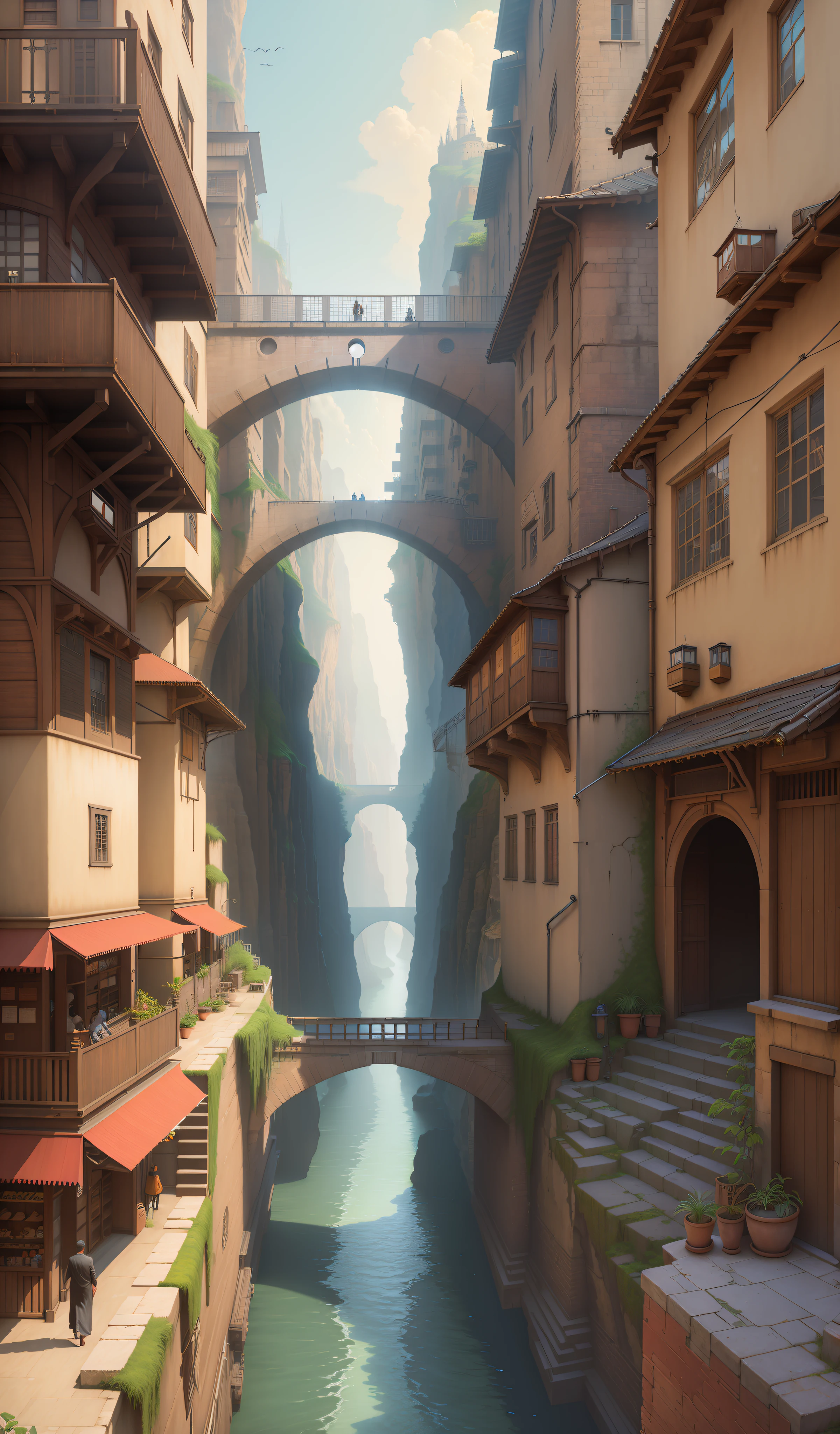 ((masterpiece)),((best quality)),((high detial)),((realistic))
Industrial age city, deep canyons in the middle, architectural streets, bazaars, Bridges, rainy days, steampunk, European architecture