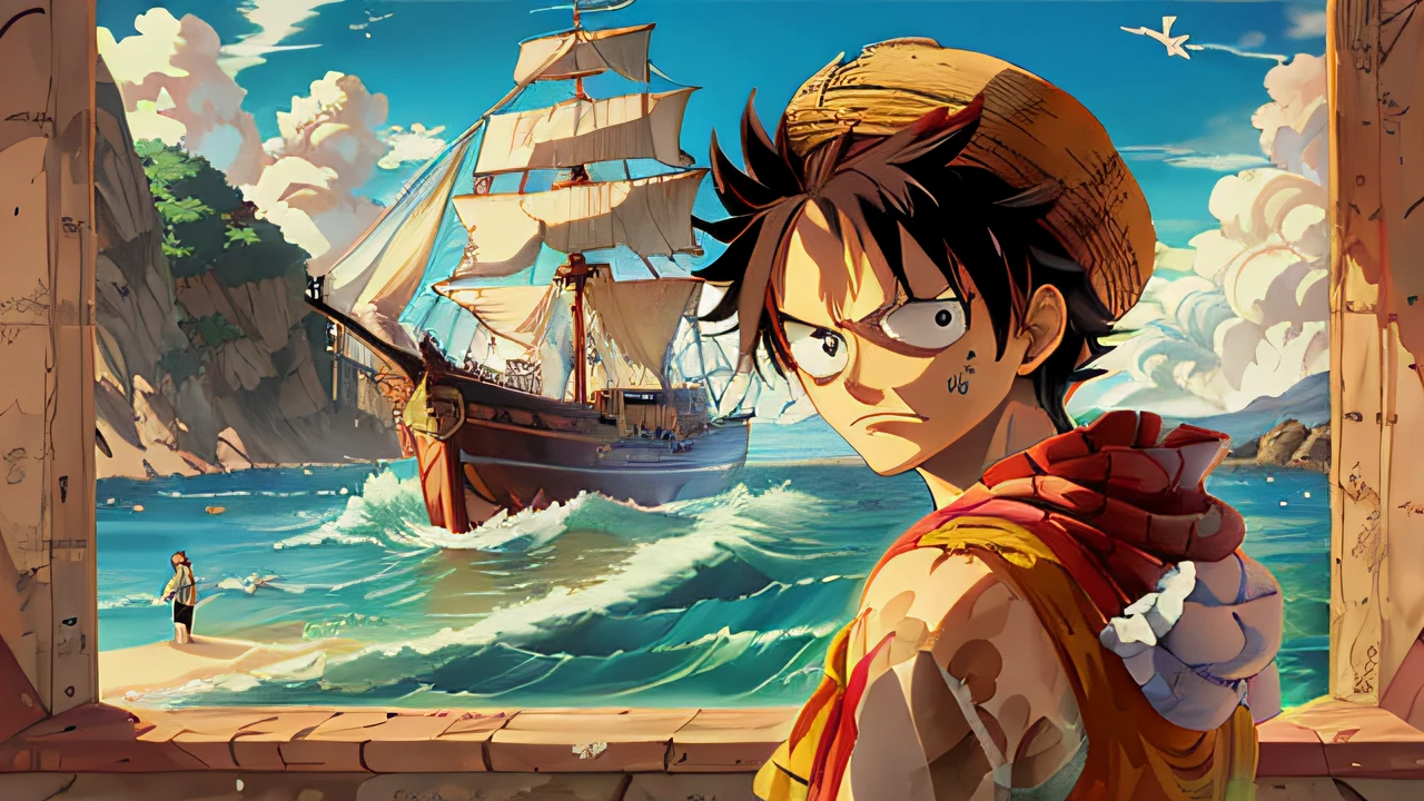 anime wallpapers one piece of a pirate ship in the ocean, luffy, monkey d. luffy, monkey d luffy, luffy (one piece, one piece ship sailing, one piece artstyle, king of pirates, luffy from one piece, inspired by Eiichiro Oda, portrait of luffy from one piece, one piece style, from one piece, by Eiichiro Oda