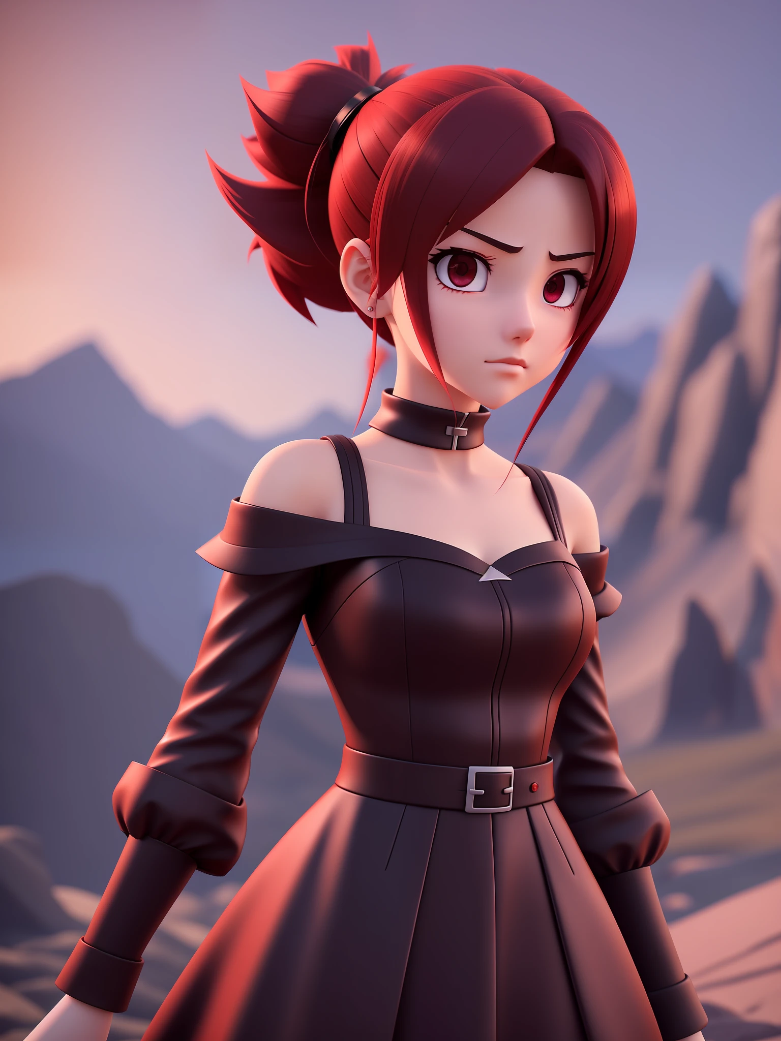 Young girl, a cartoon character dark red outfit, ((cold expression and tired eyes)), ((hair up to shoulder)), (red eyes), stylized character, animation character, stylized 3d render, 3d character, highly detailed character, stylized anime, stylized 3d, render character, character model, closeup, (maximum quality), walking on a mountain at sunset