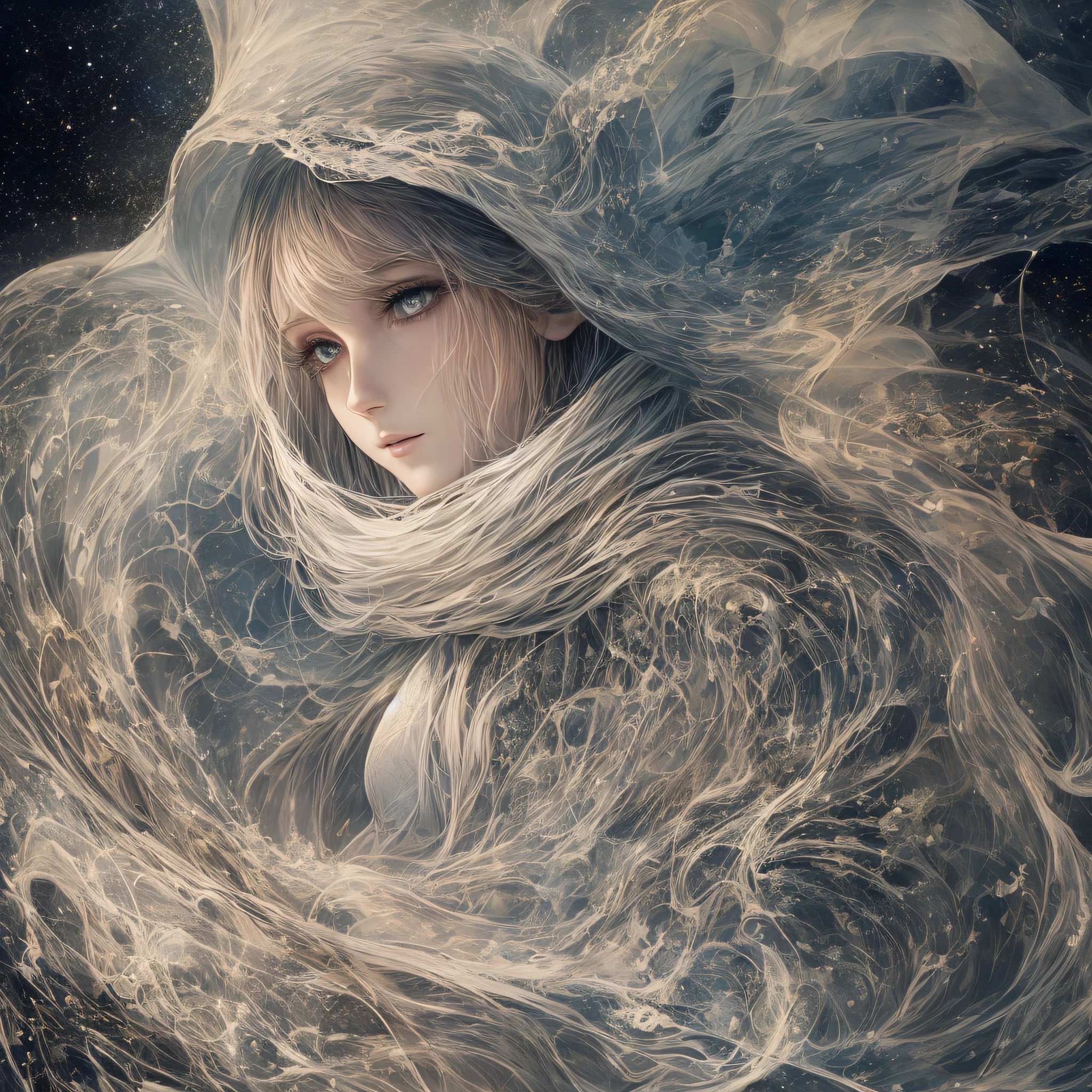 Woman dressed long flowing white holding a book Milky Way to dark background air of mystery image dark scale --auto --s2