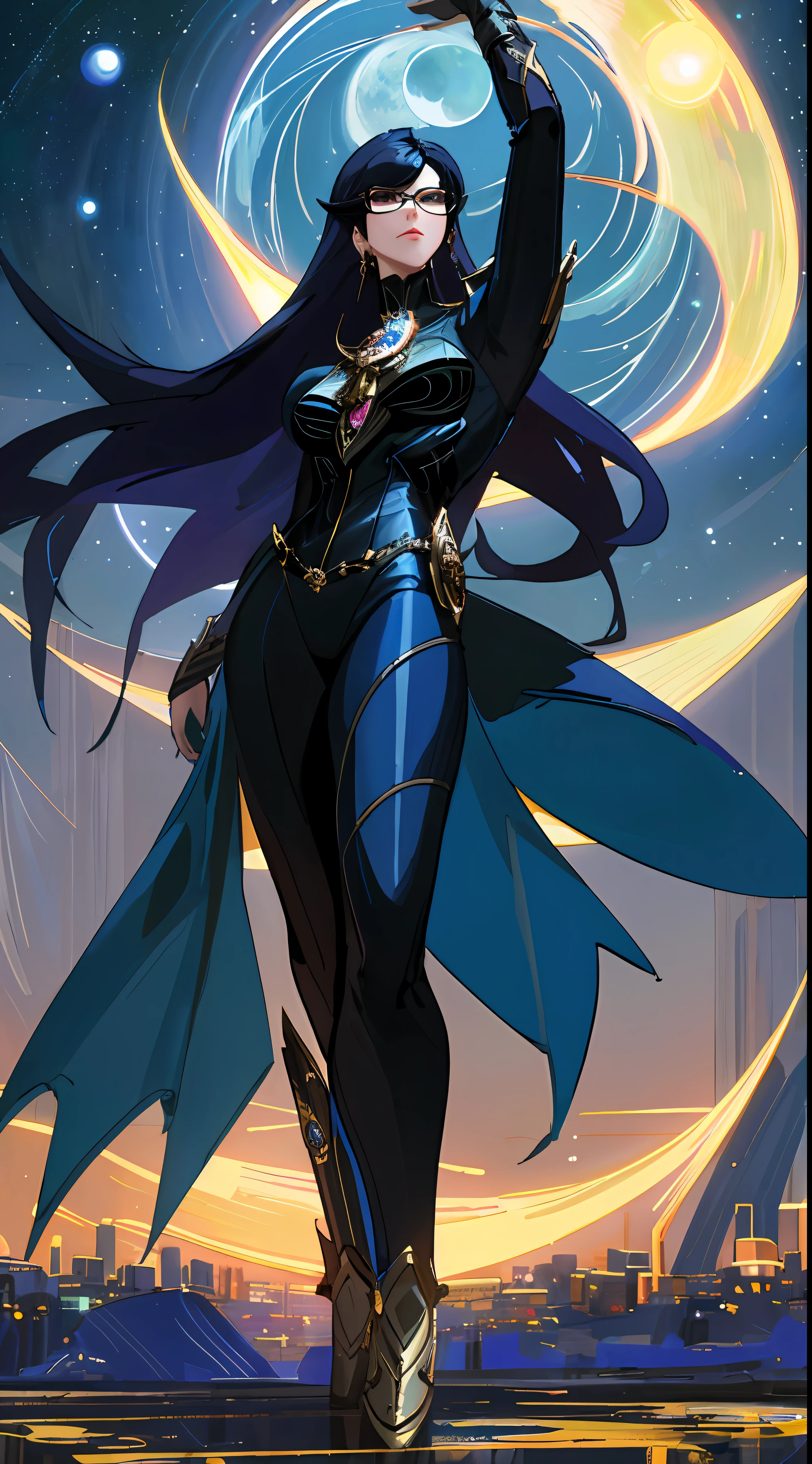 "((masterpiece)), better quality, ultra-deterrent detail, high-definition illustration, majestic depiction of Bayonetta, moonlight reflected on her body, in the starry night, subtle lights illuminating the city around her."