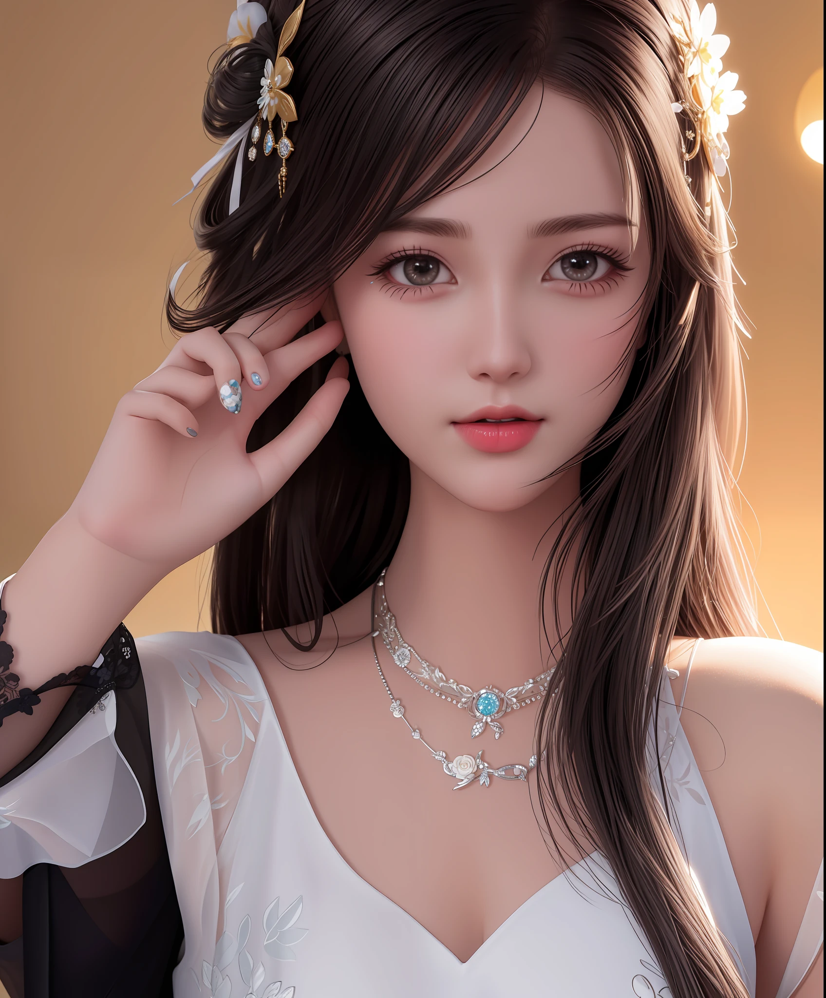 Best Quality, Masterpiece, High Resolution, 1Girl, Porcelain Dress, Hair Accessories, Necklace, Jewelry, Beautiful Face, Body-on, Tyndall Effect, Realistic, Dark Studio, Edge Lighting, Two-tone Lighting, (High Detail Skin: 1.2), 8K UHD, DSLR,, Voy Photo, High Resolution, 4K, 8K, Stockings, Polka Dots, Very Realistic, Black Stockings