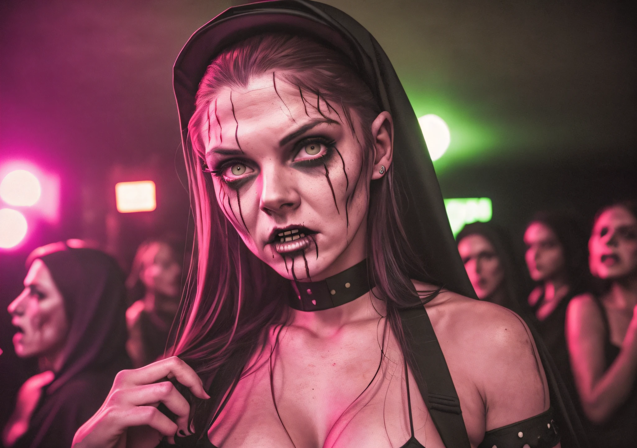 Candid photo RAW portrait of a female zombies in a nightclub in a castle at night, 90's rave, nuns, vampires, techno, red rain, huge breast, party, Fujifilm Fujichrome Provia 100F movie, flashlight, ultra realistic, 8K UHD. --auto --s2