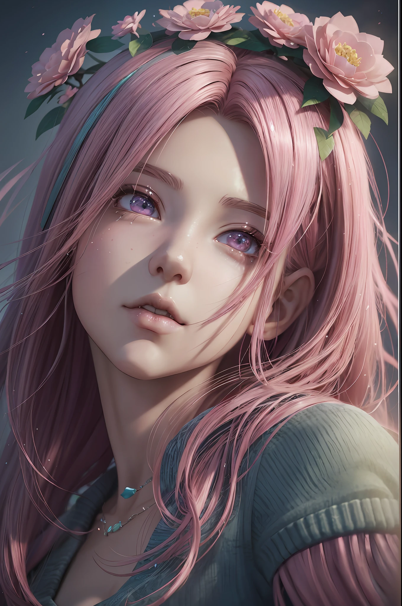 a woman with pink hair and flowers in her hair, realistic anime 3 d style, realistic anime art style, beautiful fantasy art portrait, realistic anime artstyle, kawaii realistic portrait, 3 d anime realistic, stunning 3d render of a fairy, beautiful fantasy portrait, 2. 5 d cgi anime fantasy artwork, realistic anime style at pixiv, carlos ortega elizalde