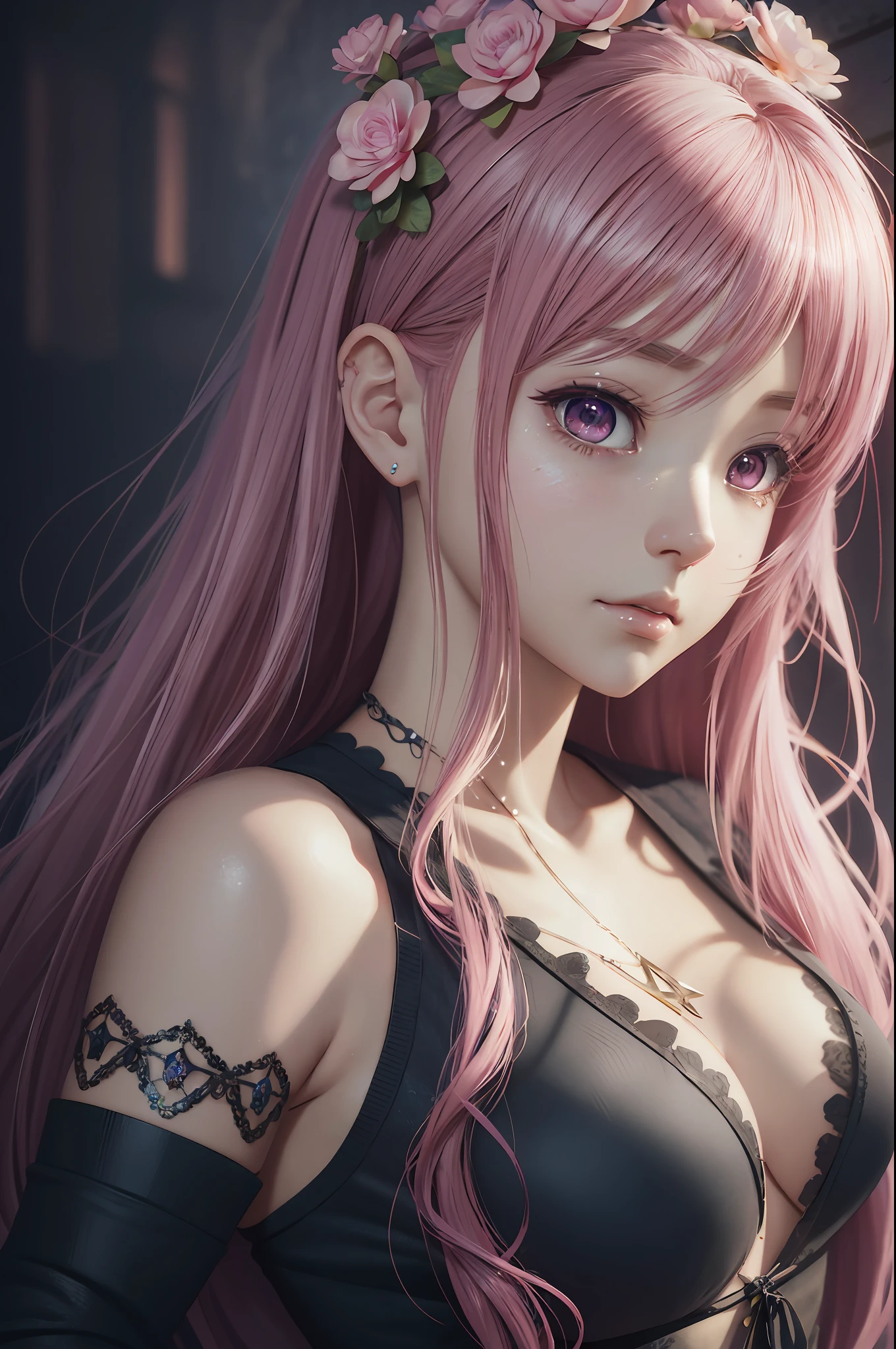 a woman with pink hair and flowers in her hair, realistic anime 3 d style, realistic anime art style, beautiful fantasy art portrait, realistic anime artstyle, kawaii realistic portrait, 3 d anime realistic, stunning 3d render of a fairy, beautiful fantasy portrait, 2. 5 d cgi anime fantasy artwork, realistic anime style at pixiv, carlos ortega elizalde