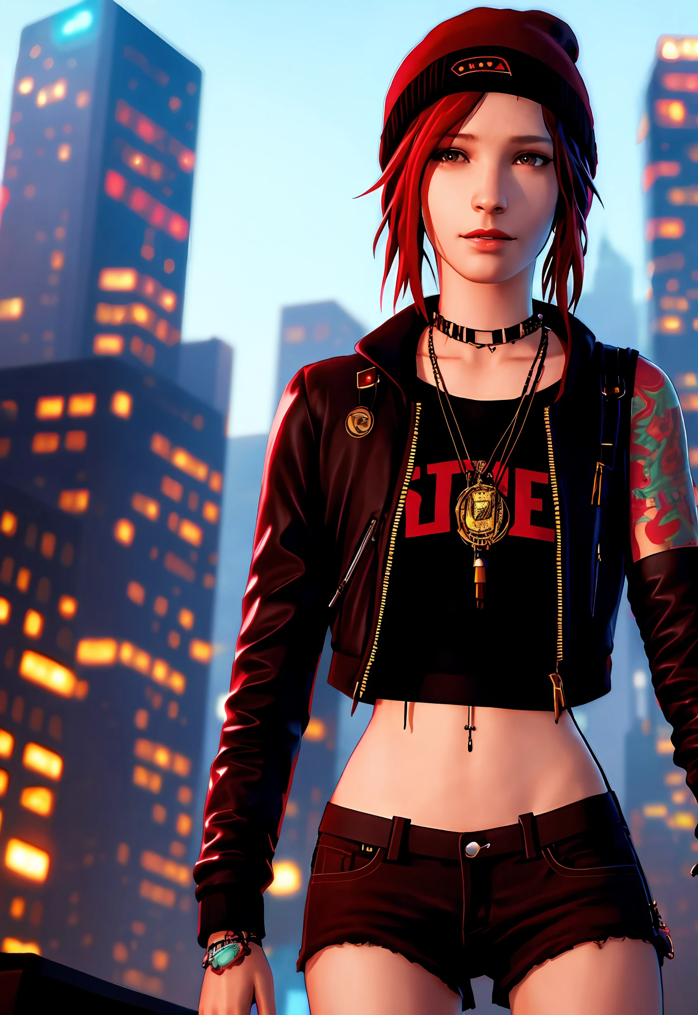 cyberpunk, thin waist, brunette, with dreads, ultra-detailed, masterpiece, high quality, cyberpunk city background, chloeprice, red hair, brown eyes, beanie, choker, tattos,