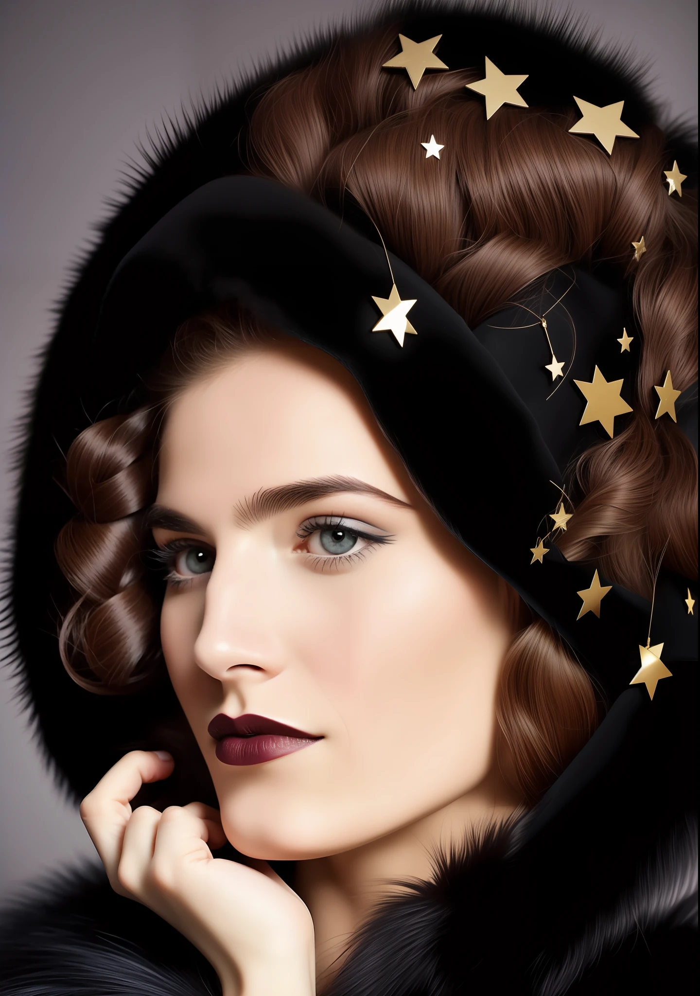 Photo of a woman in a fur coat and a black lip, Meret Elisabeth Oppenheim, Lady Frieda Harris style, early 20s, in her early 20s, digital photo, Lola Dupre, S photography, 2000s photography, Art Nuevo, 4k, high definition, shooting stars in the background.