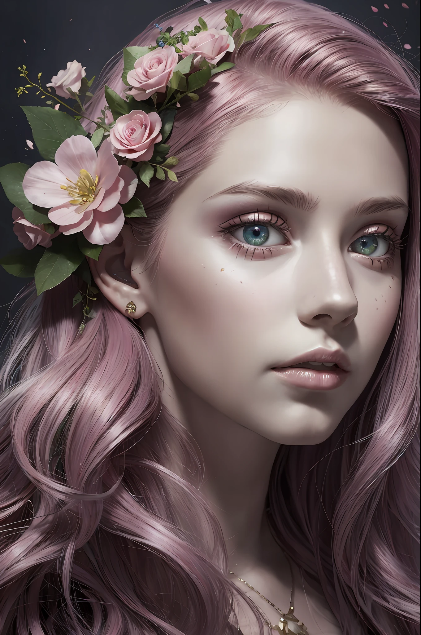 A woman with pink hair and flowers in her hair, beautiful fantastic art portrait, realistic portrait of a fairy, beautiful fantastic portrait