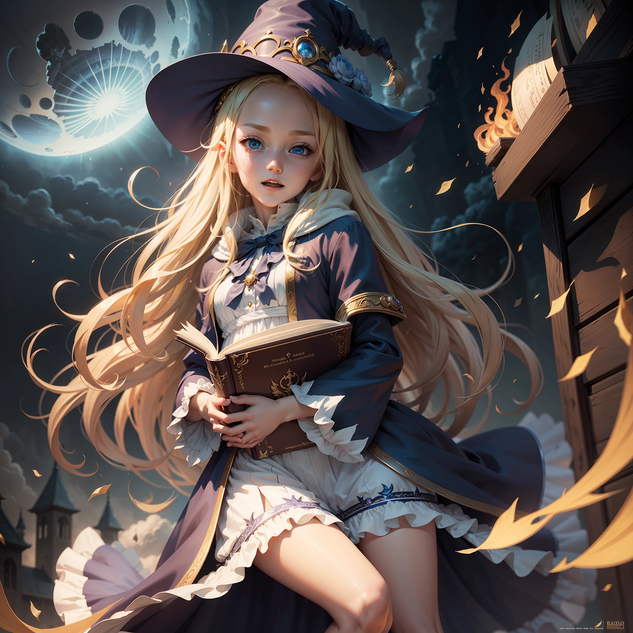 (Masterpiece), (Best Quality), Official Art, A Girl, Small Breasts, Wizard Clothes, Anime Style, High Definition, Hyper Detailed, Girl, Blonde Hair, Long Hair, Blue and White Clothes, Very High Quality, Main Character, Wizard Costumes, Cheerful Mood, 8k, Full Body, Cute Face, Beautiful Girl, Long Clothes, Holding a Book of Magic, Wizard's Apprentice, Anime