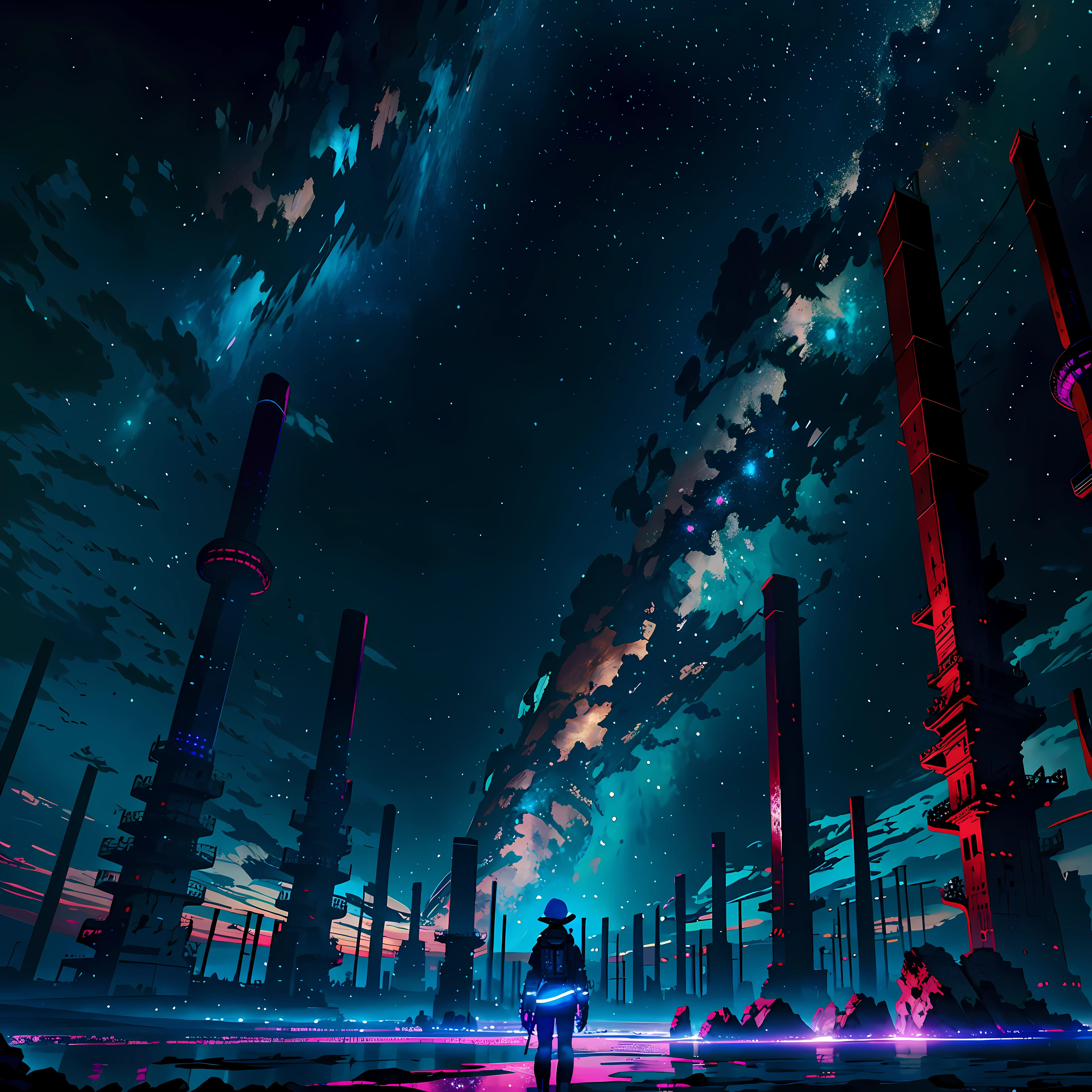 towers of god, blue towers, violet, blue, red, god, red sky, violet sky, starry sky, stars, starry towers, starry god, light blue, civilization, order, one girl standing BREAK Detailed,Realistic,4k highly detailed digital art,octane render, bioluminescent, BREAK 8K resolution concept art, realism,by Mappa studios,masterpiece,best quality,official art,illustration,ligne claire,(cool_color),perfect composition,absurdres, fantasy,focused,rule of thirds