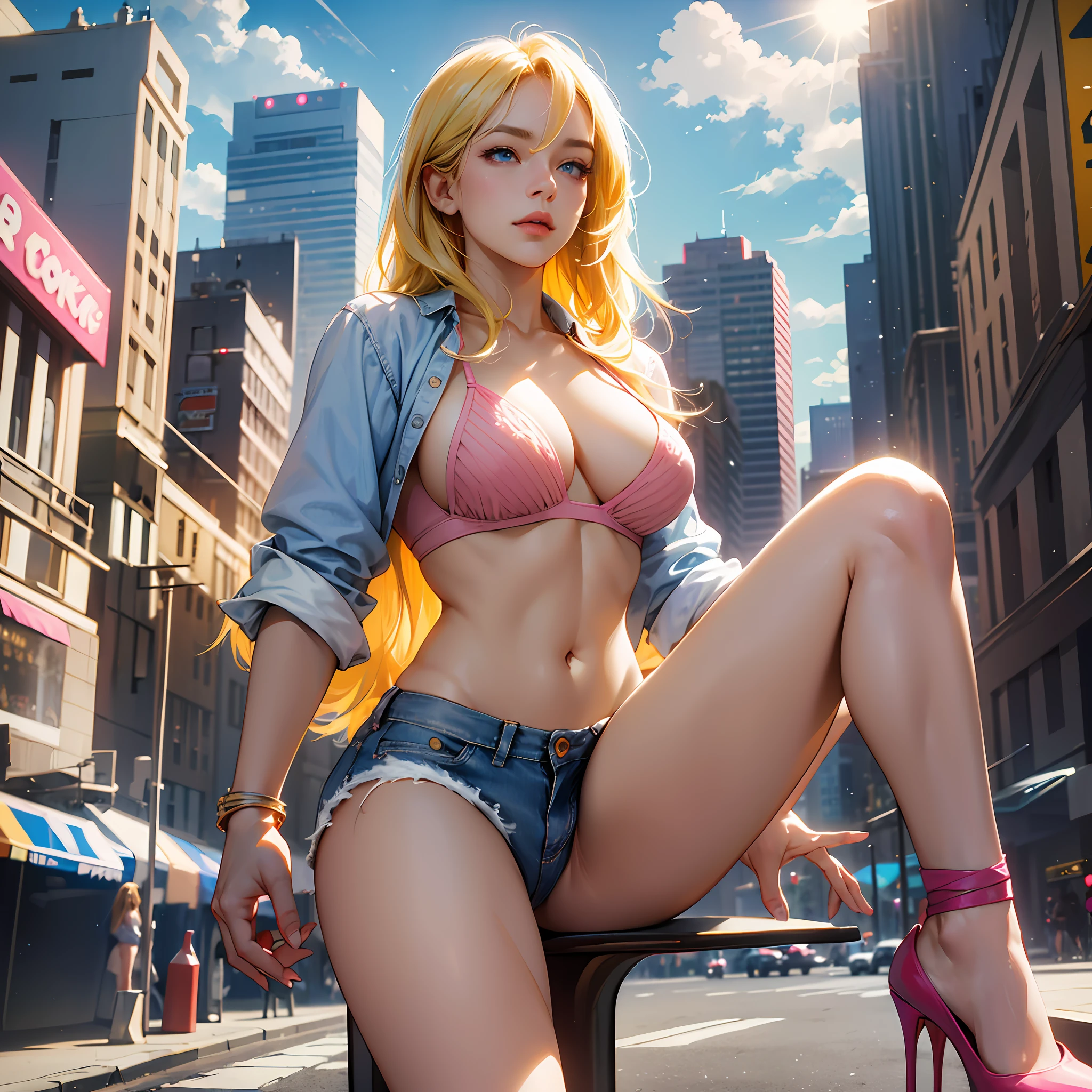 (Best quality, 4k, Masterpiece :1.3), beautiful woman, hyper realistic, 1girl, (droopy breasts, attractive body :1.2), sit-ups :1.1, long light yellow hair with bangs :1.1, ultra-detailed face, detailed lips, detailed eyes, double eyelid, short pink and pink bra, open neckline, hanging breasts, side pose, visible curves, in the middle of the street, light blue short jean shorts, muscular turned leg,  Big breasts, blue eyes, pink high heels, open sky with sun