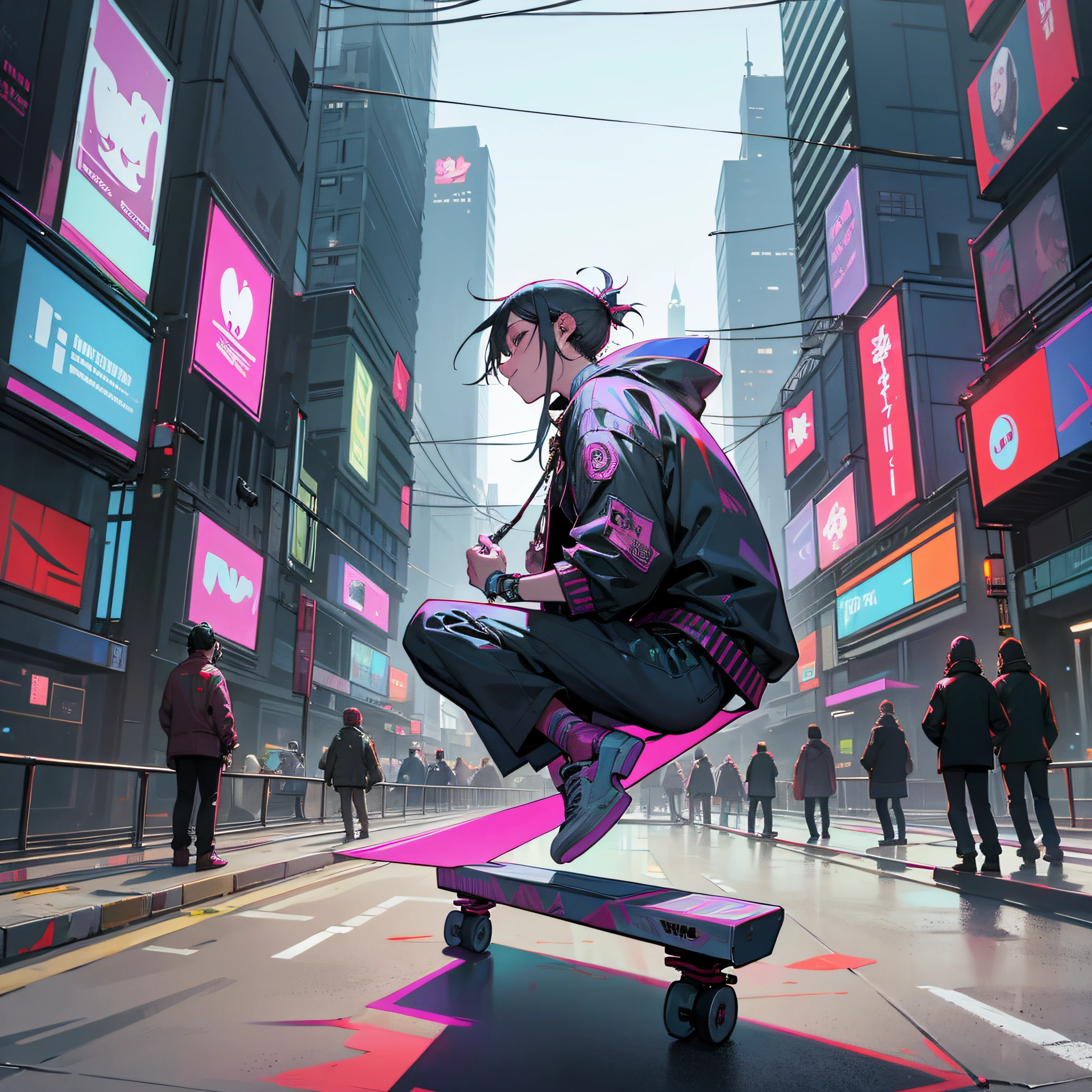 Buddha, Meditation in the middle of the metropolis, Cyberpunk city, Cyberpunk meditation, Skateboarding --auto --s2