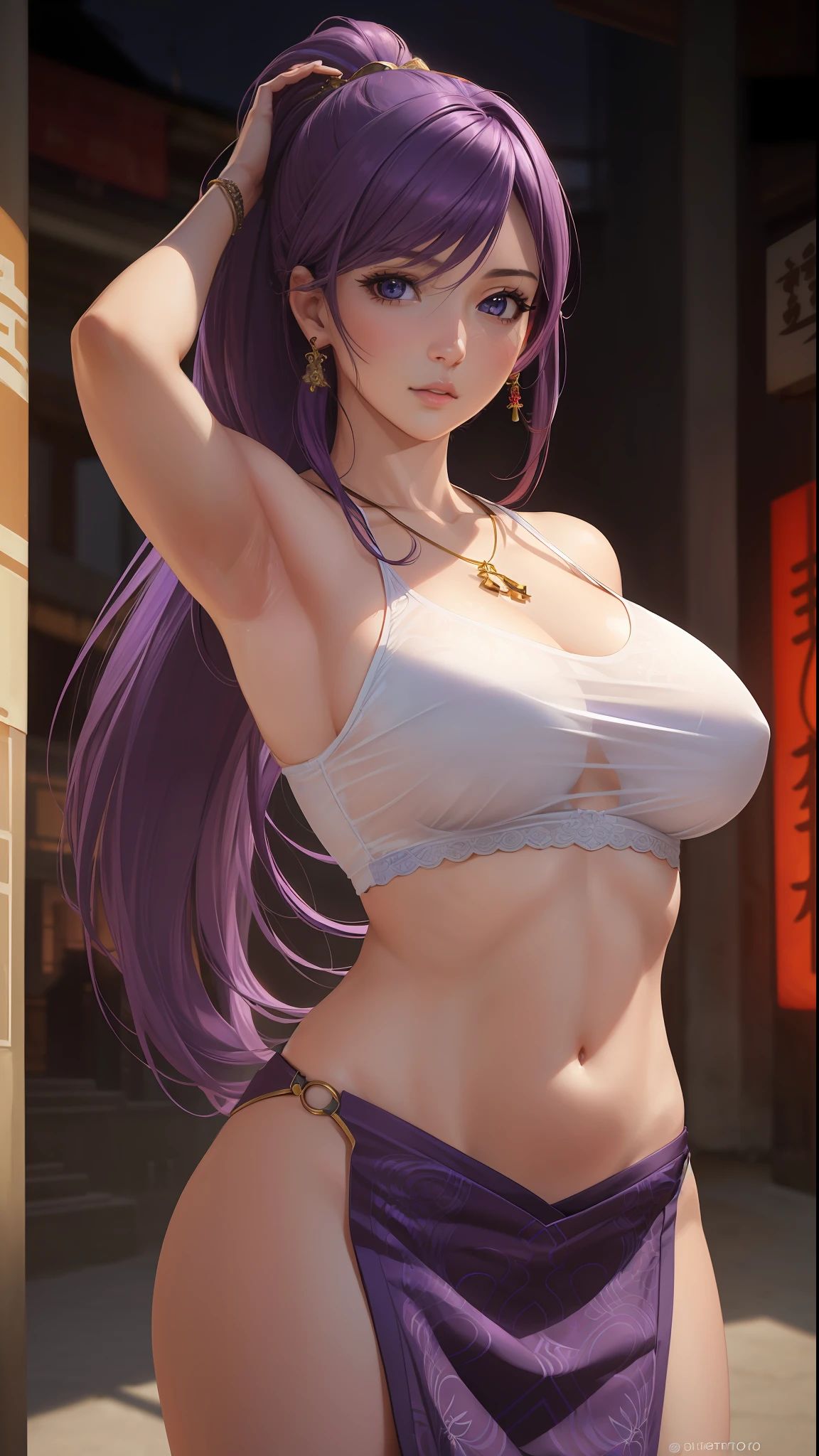 (masterpiece:1.4), (8k, photorealistic, RAW photo, best quality: 1.4), japanese, (1girl), beautiful face, (realistic face:1.4), (purple hair, long hair:1.3), beautiful hairstyle, realistic blue eyes, beautiful detailed eyes, (realistic skin:1.3), beautiful skin, attractive, ultra high res, ultra realistic, highly detailed, golden ratio, (detailed face:1.4), looking at viewer, (realistic medium breasts:1.4), (underboobs), standing, hand on hip, transparent shirt, (braless:1.4), nipples_out, nsfw, futuristic ancient china city street, dynamic lighting, ponytail contorted, china dress, hair ornaments, necklace, jewelry,