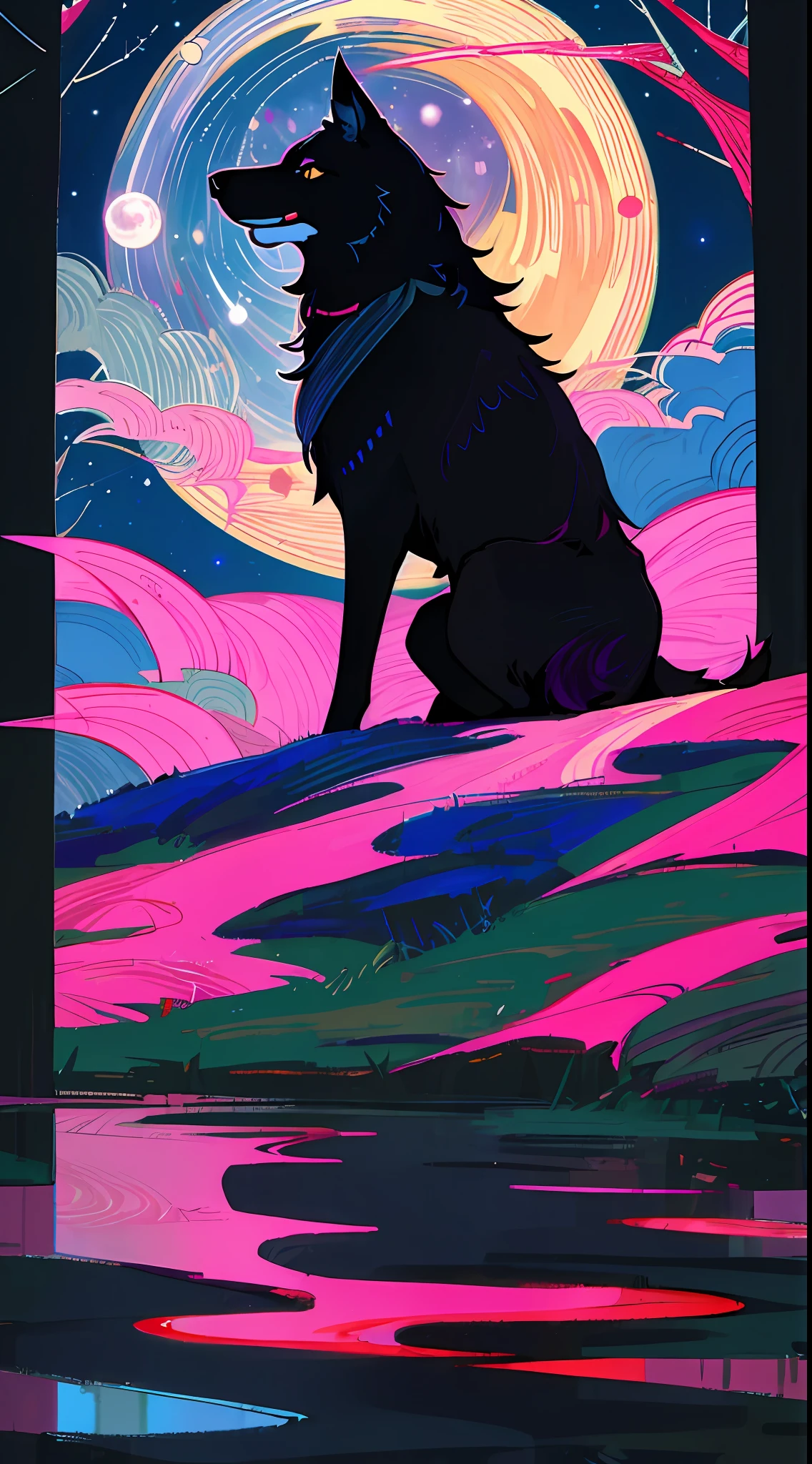 "((masterpiece)), better quality, ultra-deterrent details, high-definition illustration, majestic depiction of the black wolf and magenta, Okami, moonlight reflected in his coat, in the starry night, subtle lights illuminating the forest around him."