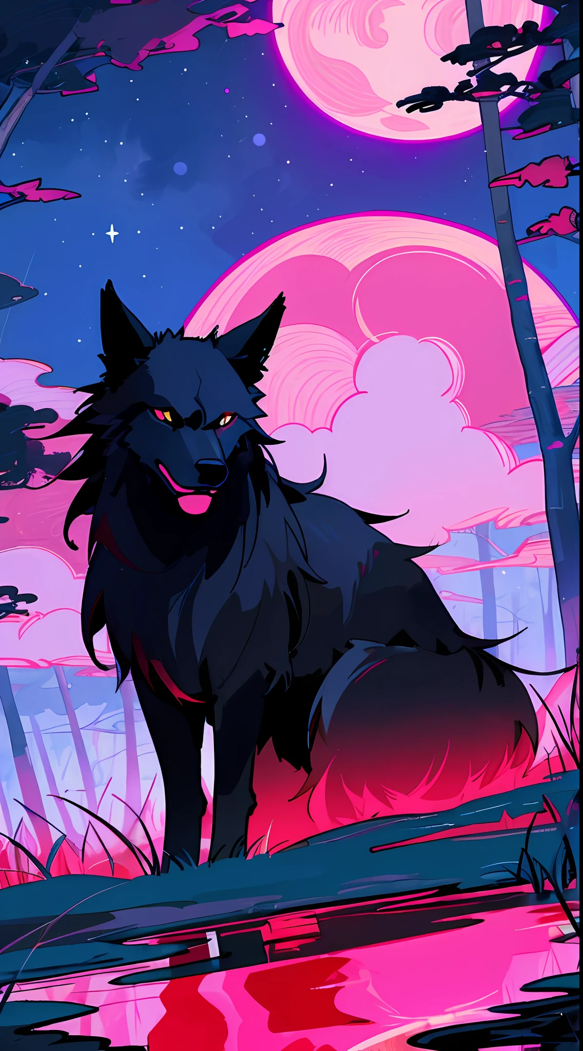 "((masterpiece)), better quality, ultra-deterrent details, high-definition illustration, majestic depiction of the black wolf and magenta, Okami, moonlight reflected in his coat, in the starry night, subtle lights illuminating the forest around him."