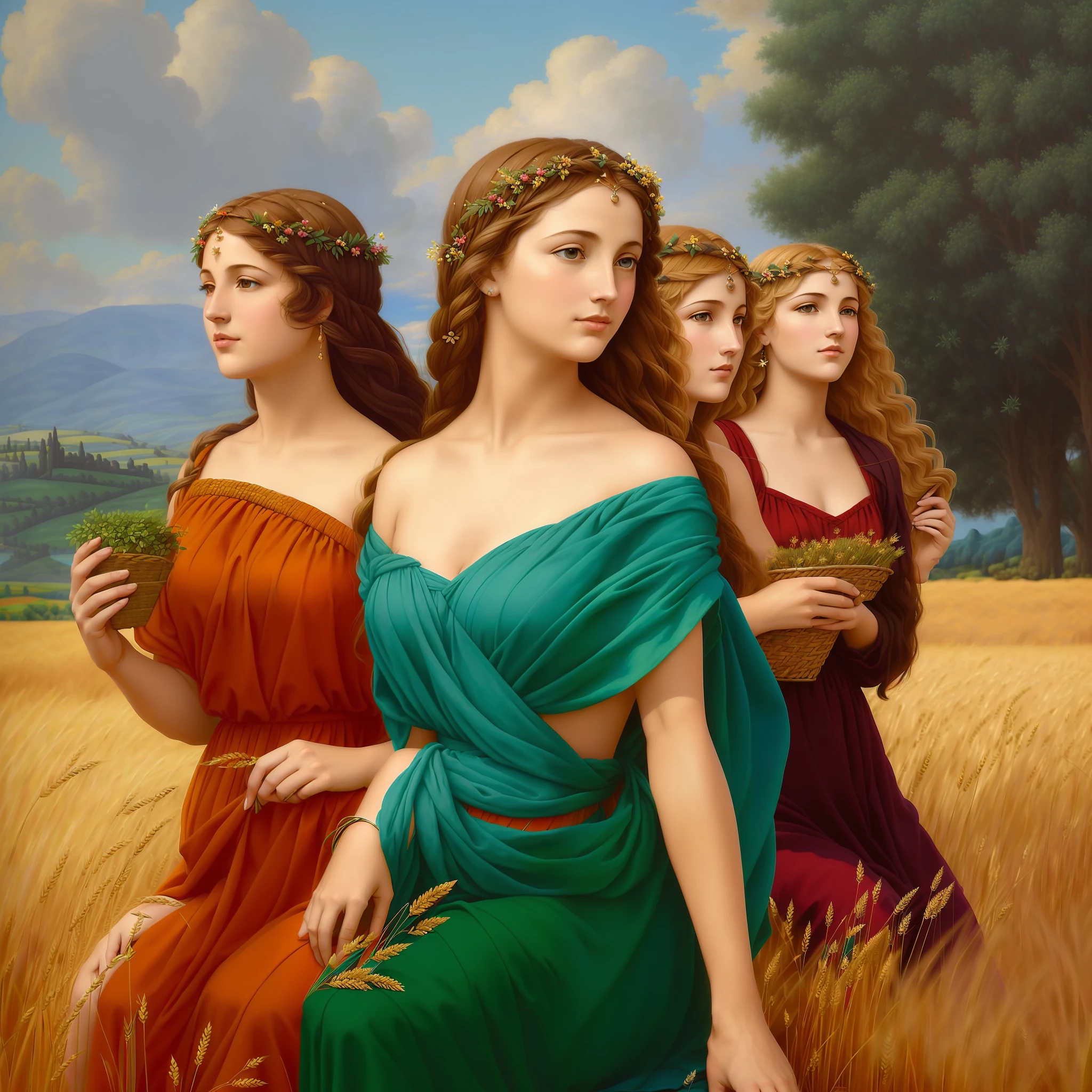 (((((They are sitting))))three women in a wheat field with a sky background, digital painting of Greek myth, triad of muses, in a wheat field, goddesses, persephone, Renaissance digital painting, portrait of the Celtic goddess diana, persephone in spring, goddess of Greek mythology, inspired by John William Godward, by Wayne England, by Juan O'Gorman,  Goddess Art