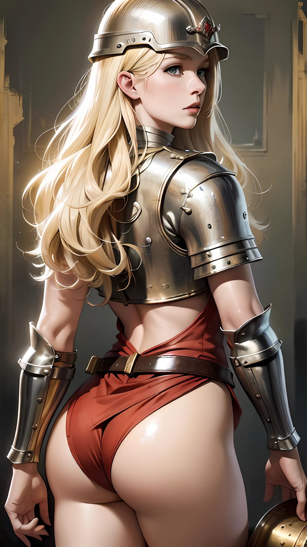 viking barbara, blonde, war painting, helmet, wild, 30 years, detailed, 1 girl, wallpaper, ultra realism, ultra detailed, back, beautiful<, 8k, artwork, ultra realistic, medieval fantasy, no pants, no pants, no pants, thong, pantyshot,
