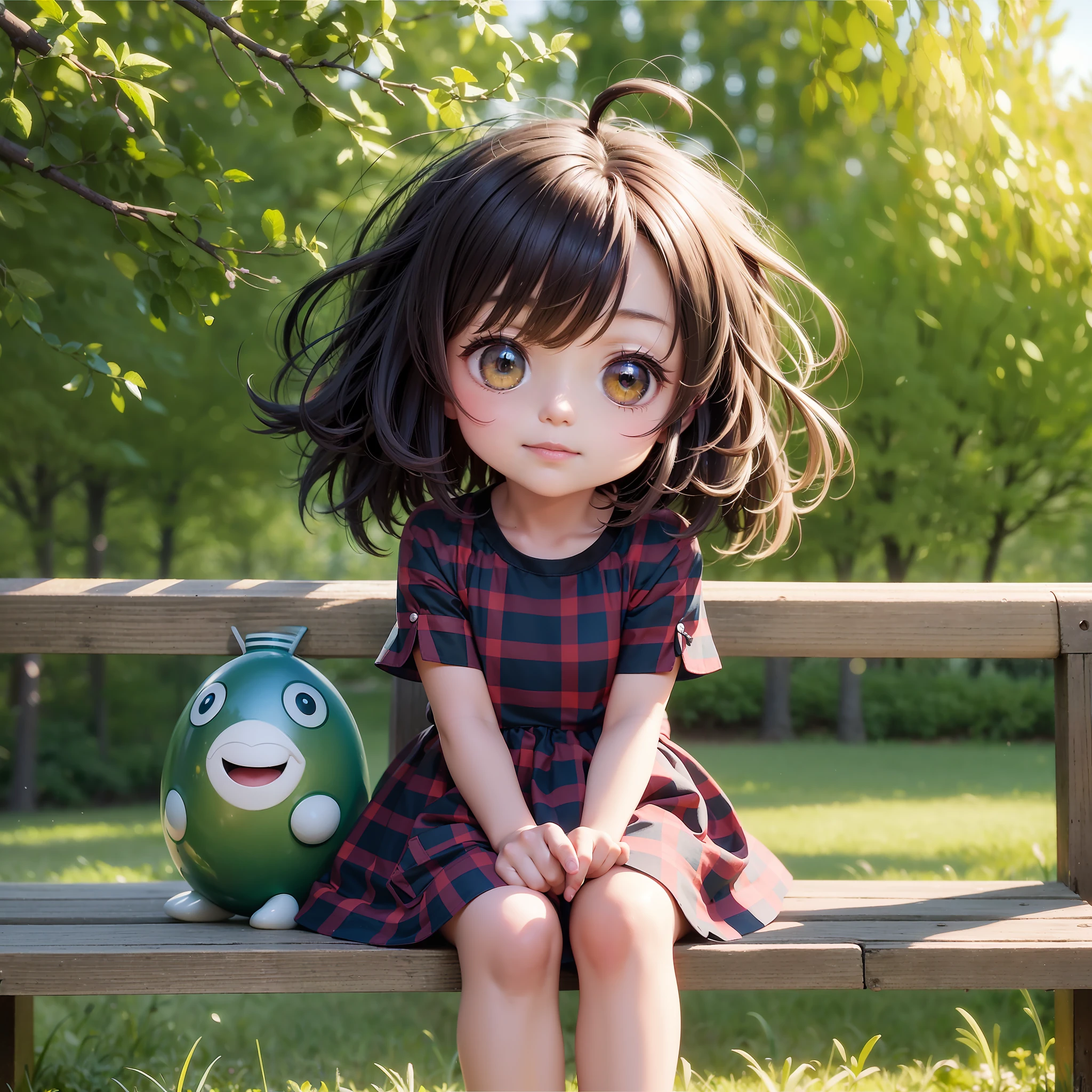 3D chibi a happy cartoon character sitting on a bench in a field, black girl, ((big fish eyes)), kind eyes, plaid dress, funny, movie art, clean shot, ghailan!, like a pixar character , beautiful child, kanekalon afro hair, ((full body))), dark skin tone, grace and blessing, leaves in the wind, rendered unreal, movie promo image, rendered luxury image - --ar 2:3 -- auto --auto --s2