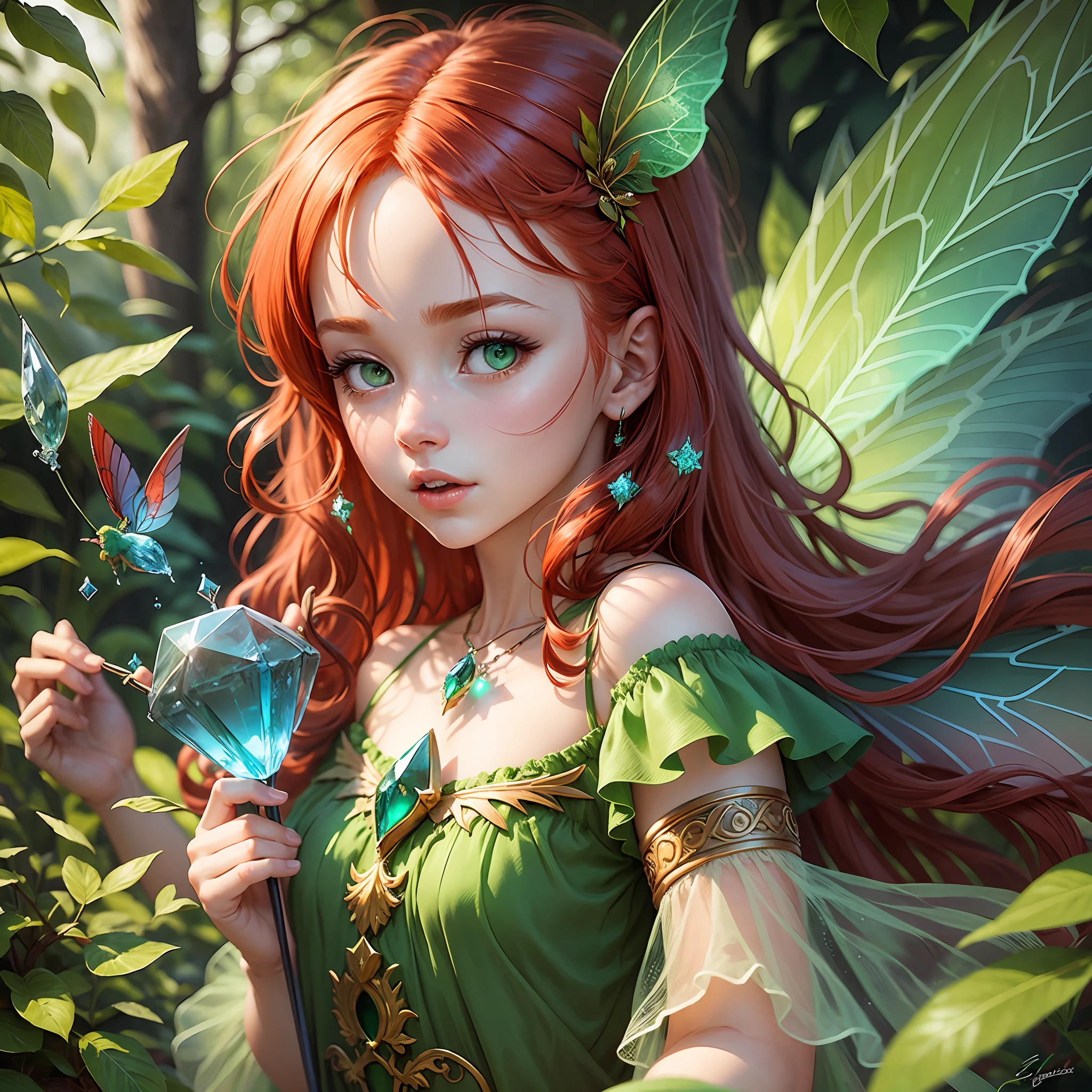 Imagine the drawing of a fairy with red hair, green dress and green eyes, with her wings and holding a blue crystal stone that glows. She must look like a 5-year-old girl --auto --s2