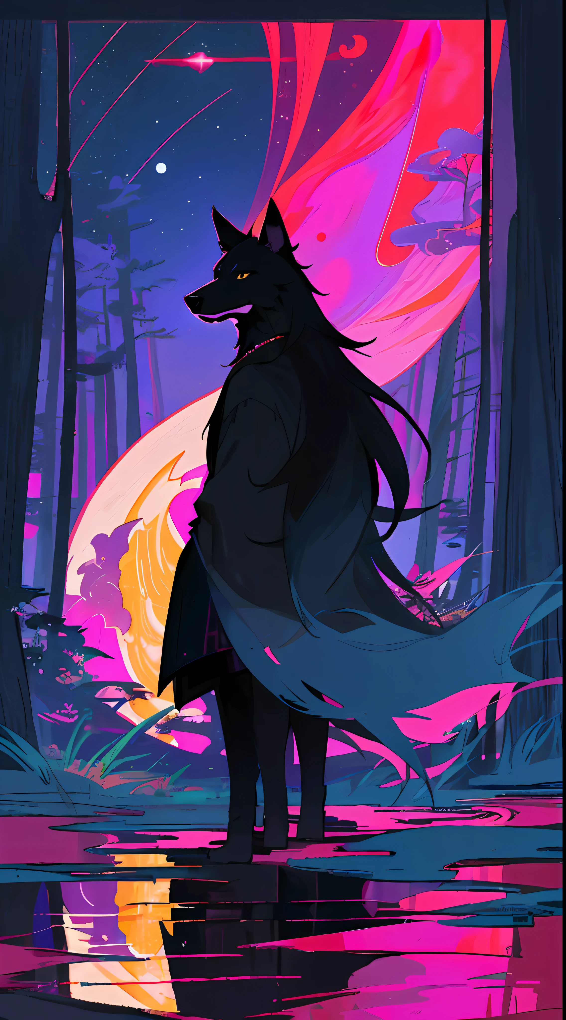 "((masterpiece)), better quality, ultra-deterrent details, high-definition illustration, majestic depiction of the black wolf and magenta, Okami, moonlight reflected in his coat, in the starry night, subtle lights illuminating the forest around him."