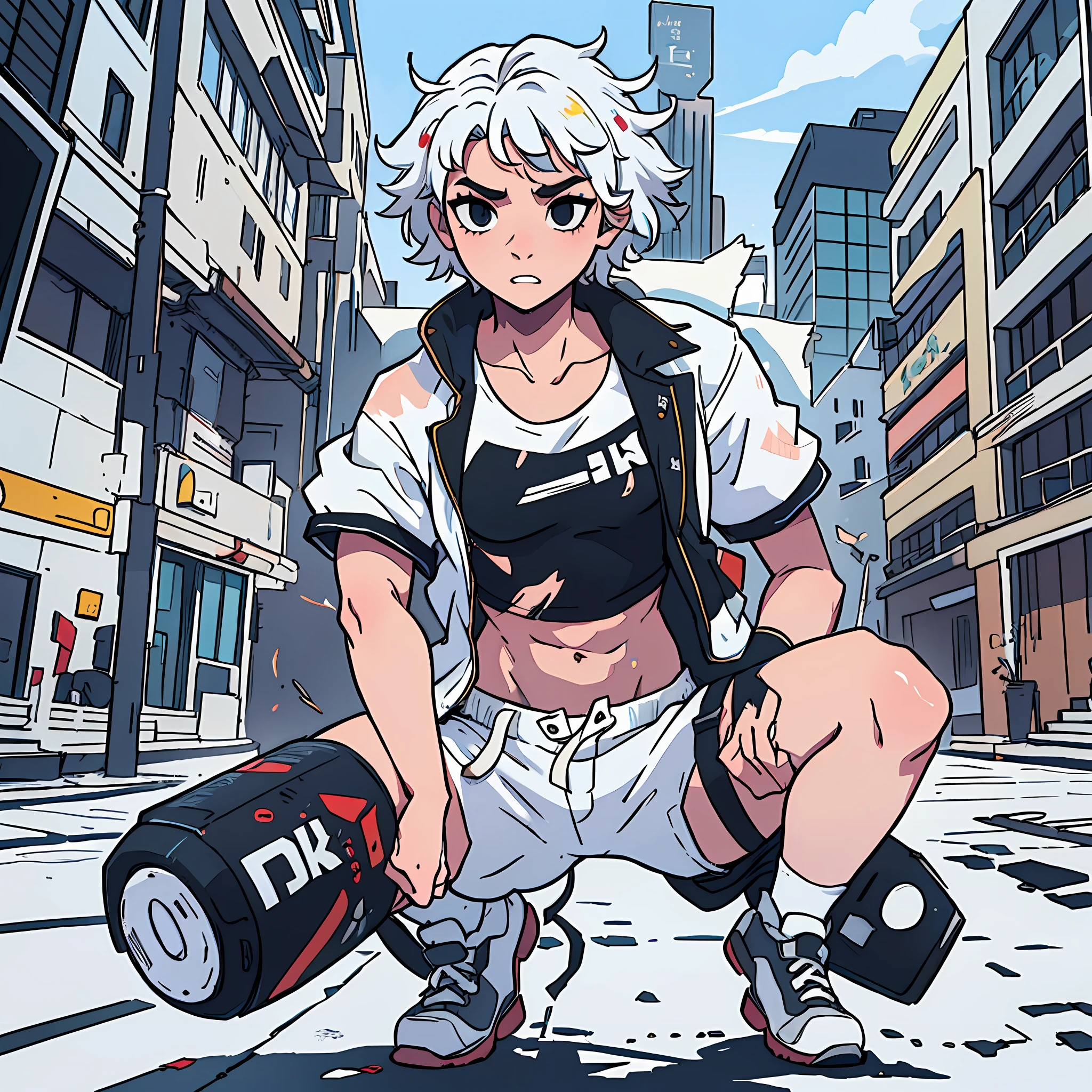 (8k, high quality), man, anime style, black eyes, short hair, white hair, ((messy hair)), athletic body, clothes with capus, ((((full body))) --auto --s2