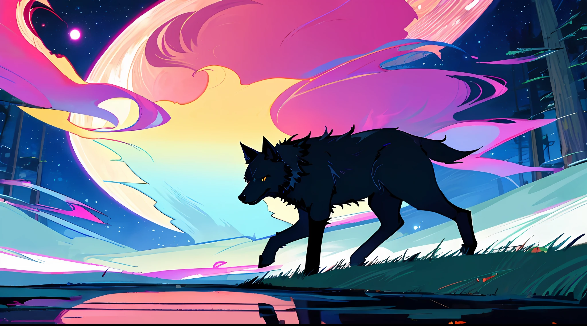 "((masterpiece)), better quality, ultra-deterrent details, high-definition illustration, majestic depiction of the black wolf and magenta, Okami, moonlight reflected in his coat, in the starry night, subtle lights illuminating the forest around him."