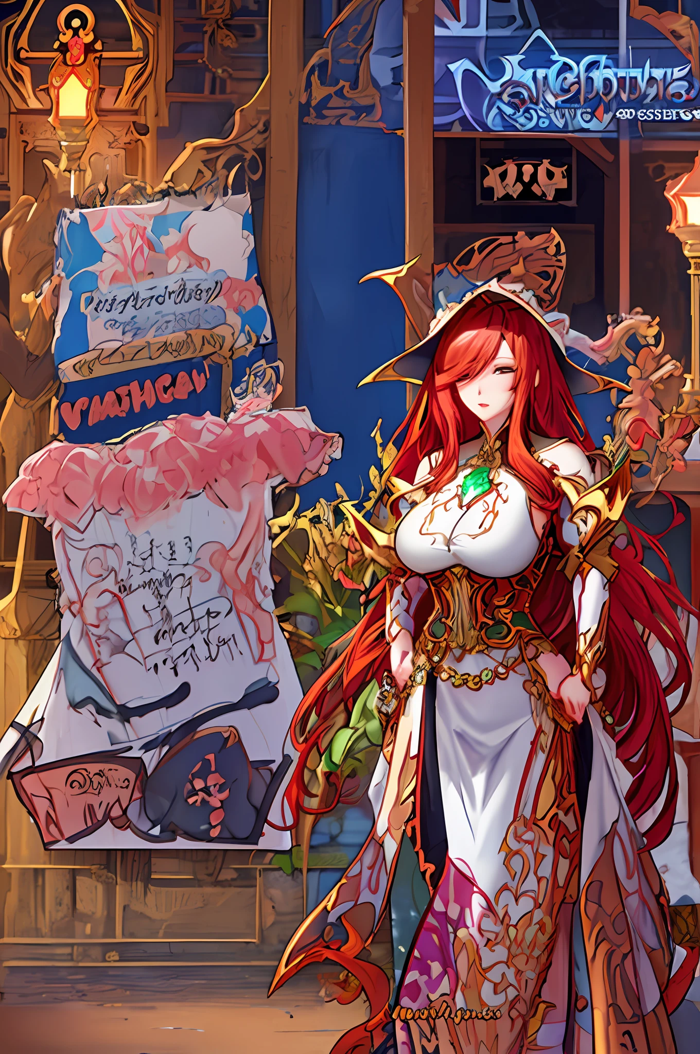 A drawing of a woman with long red hair and a long, pointy hat!, Alphonse Mucha and Rossdraws, Anime Art Nouveau, Detailed digital anime art,, Portrait Knights of the Zodiac Girl, Exquisite Fanart highly detailed, Anime costume illustration, Clean detailed anime art, Detailed anime art, Mucha Style 4K, Boris Valejo. Octopath Traveler