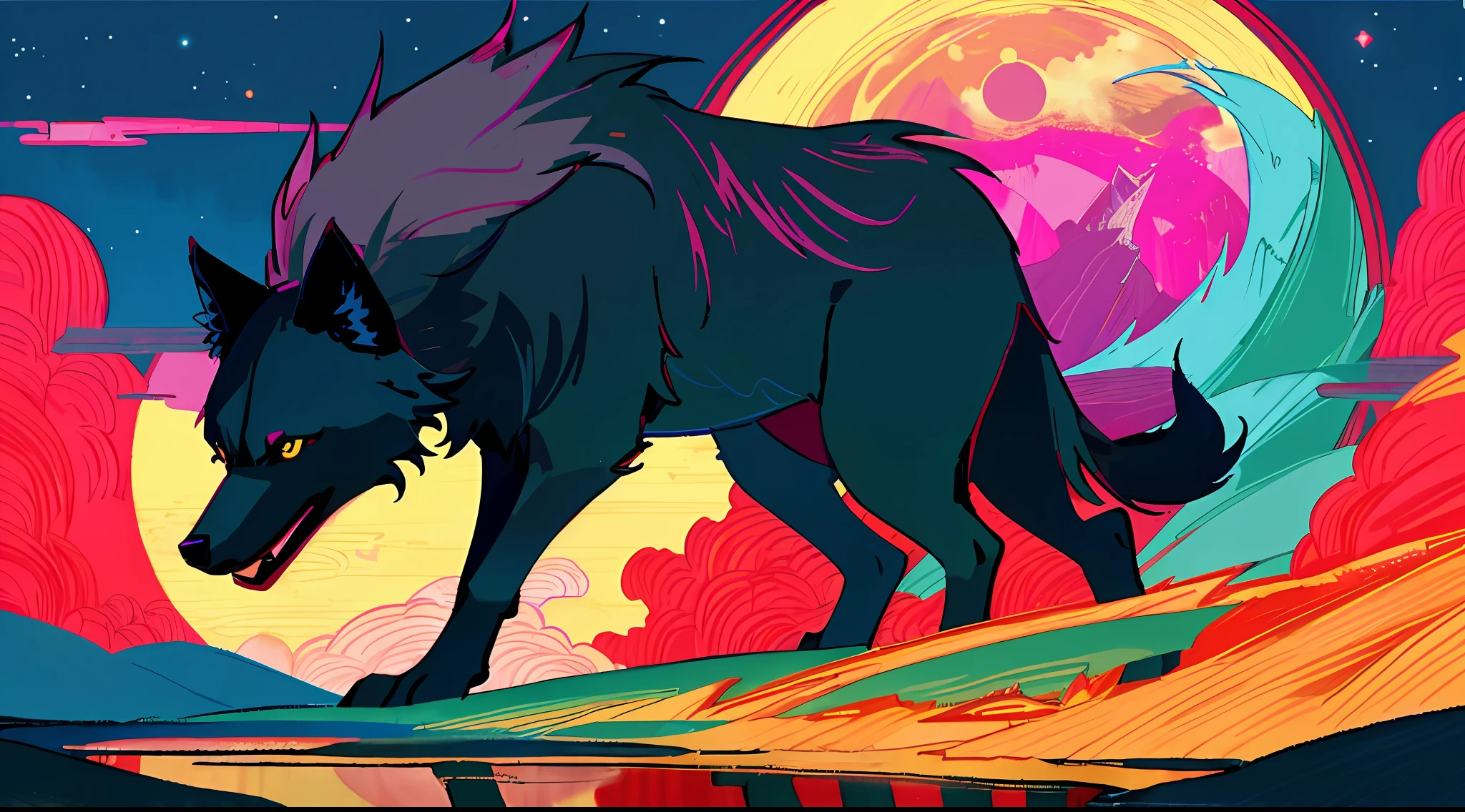 "((masterpiece)), better quality, ultra-deterrent details, high-definition illustration, majestic depiction of the black wolf and magenta, Okami, moonlight reflected in his coat, in the starry night, subtle lights illuminating the forest around him."