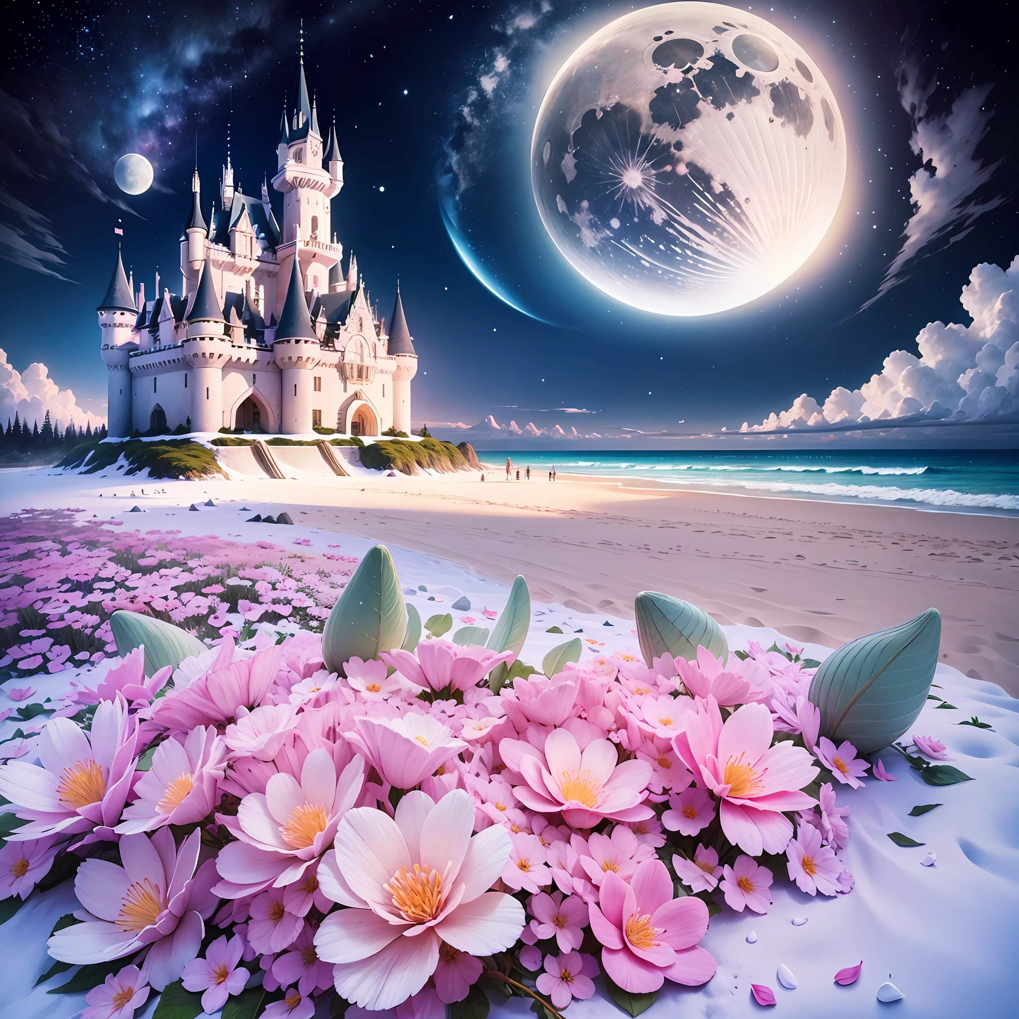 Castle, flowers, delicate scene, sky, white clouds, and sunlight shine on the snow-white beach. birds, pink flowers and bright big shells, diamond crystal, on the beach, fantasy, night sky, moon, smoke, fire, photo, HD, 8K, UHD, super detail, high quality, 1080P --auto --s2