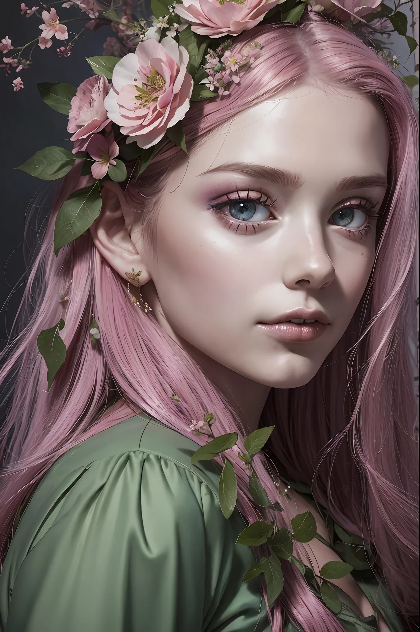 A woman with pink hair and flowers in her hair, beautiful fantastic art portrait, realistic portrait of a fairy, beautiful fantastic portrait