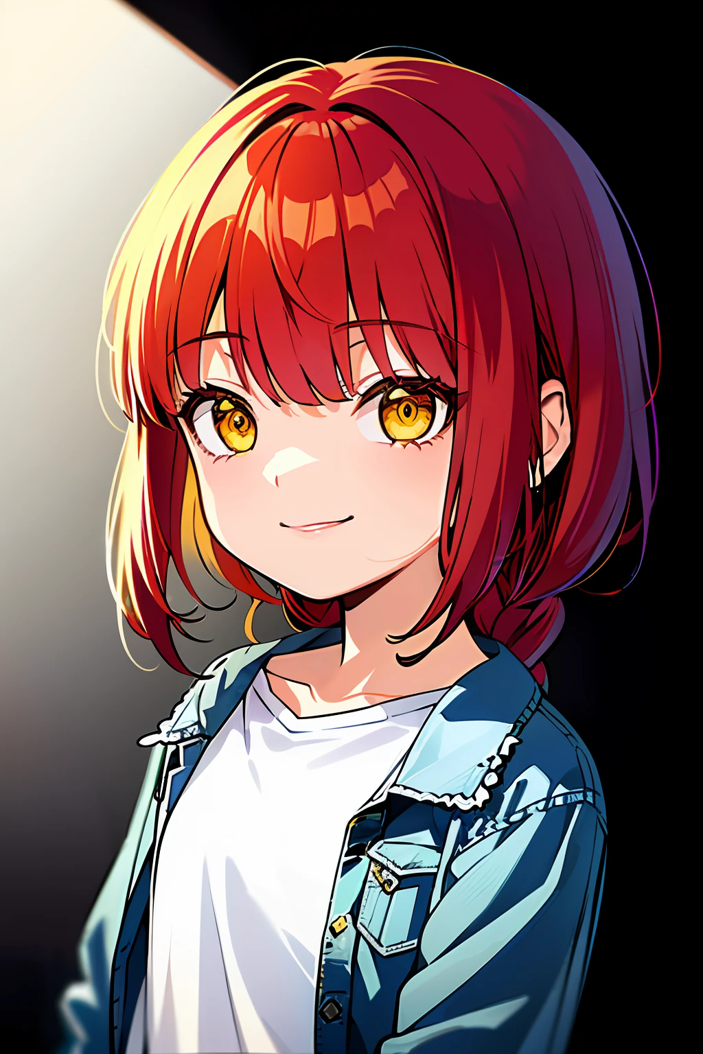 Makima \ (Chainsaw Man \), 1 Girl, (Representative work: 1.2) (Details: 1.2) (Best Quality: 1.1) (Illustration: 1.1) (Shiny hair) (shiny skin), (red hair, yellow eyes: 1.2), short denim, loli, 5 year old girl,