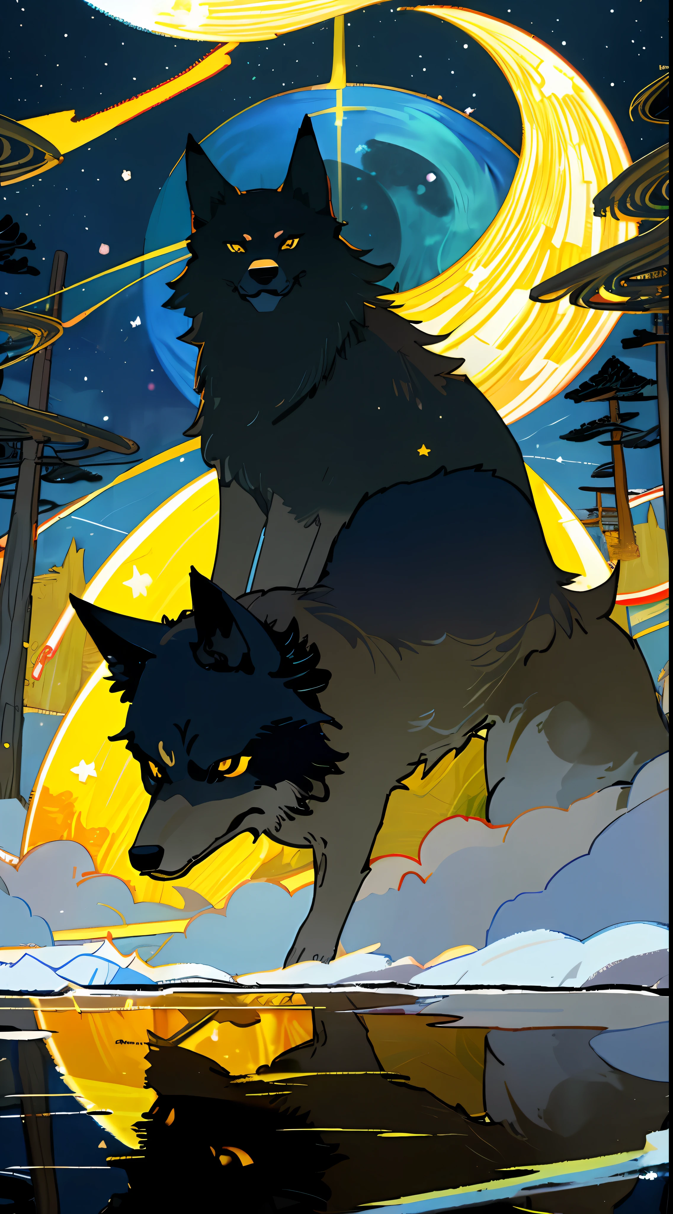 "((masterpiece)), better quality, ultra-detonated details, high-definition illustration, majestic depiction of the black and yellow wolf, Okami, moonlight reflected in his coat, in the starry night, subtle lights illuminating the forest around him."
