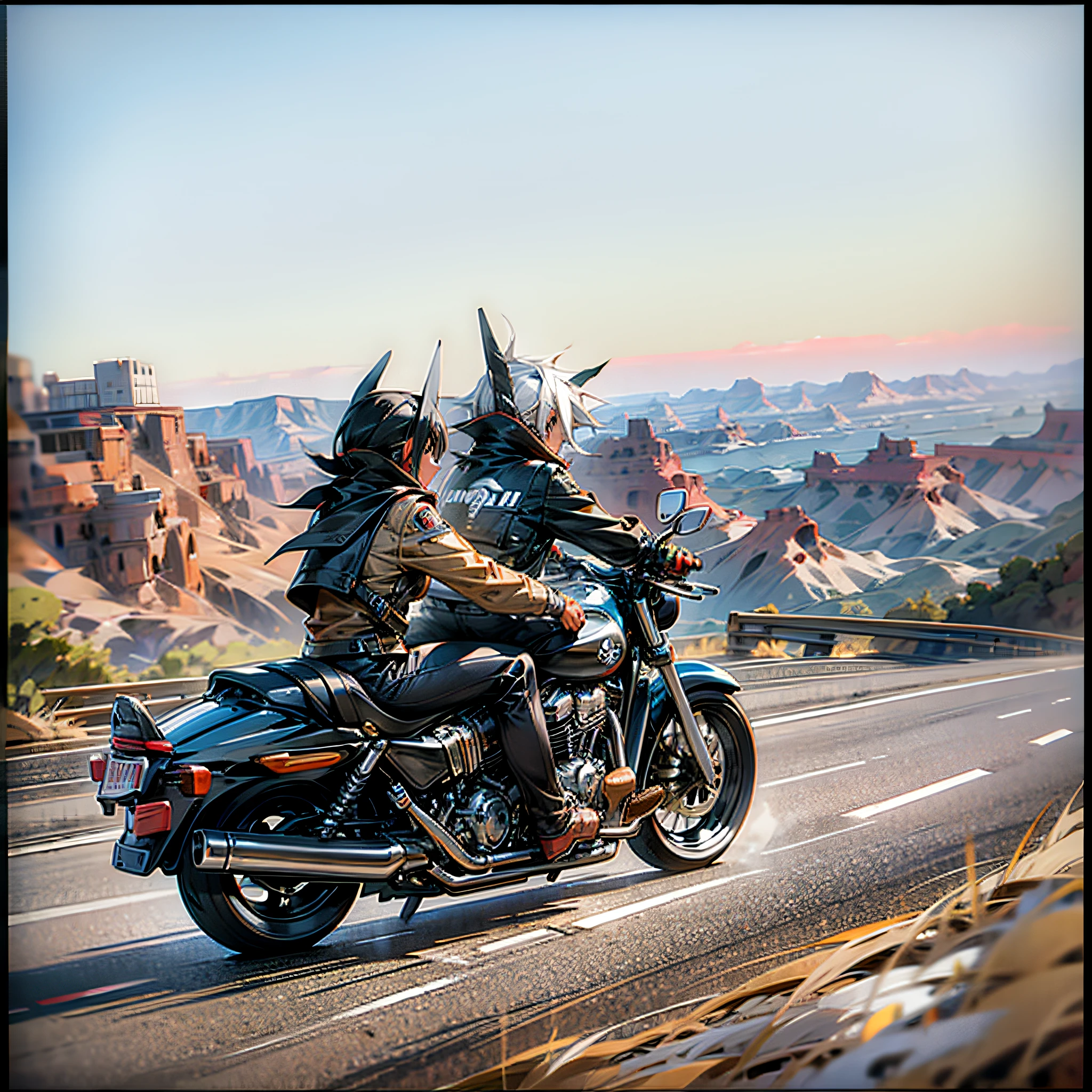 TWO PEOPLE (MALE AND FEMALE) SITTING ON A HARLEY DAVIDSON MOTORCYCLE AT HIGH SPEED, ROAD, DESERT, FLAT MOUNTAINS, GRAND CANYON --auto --s2