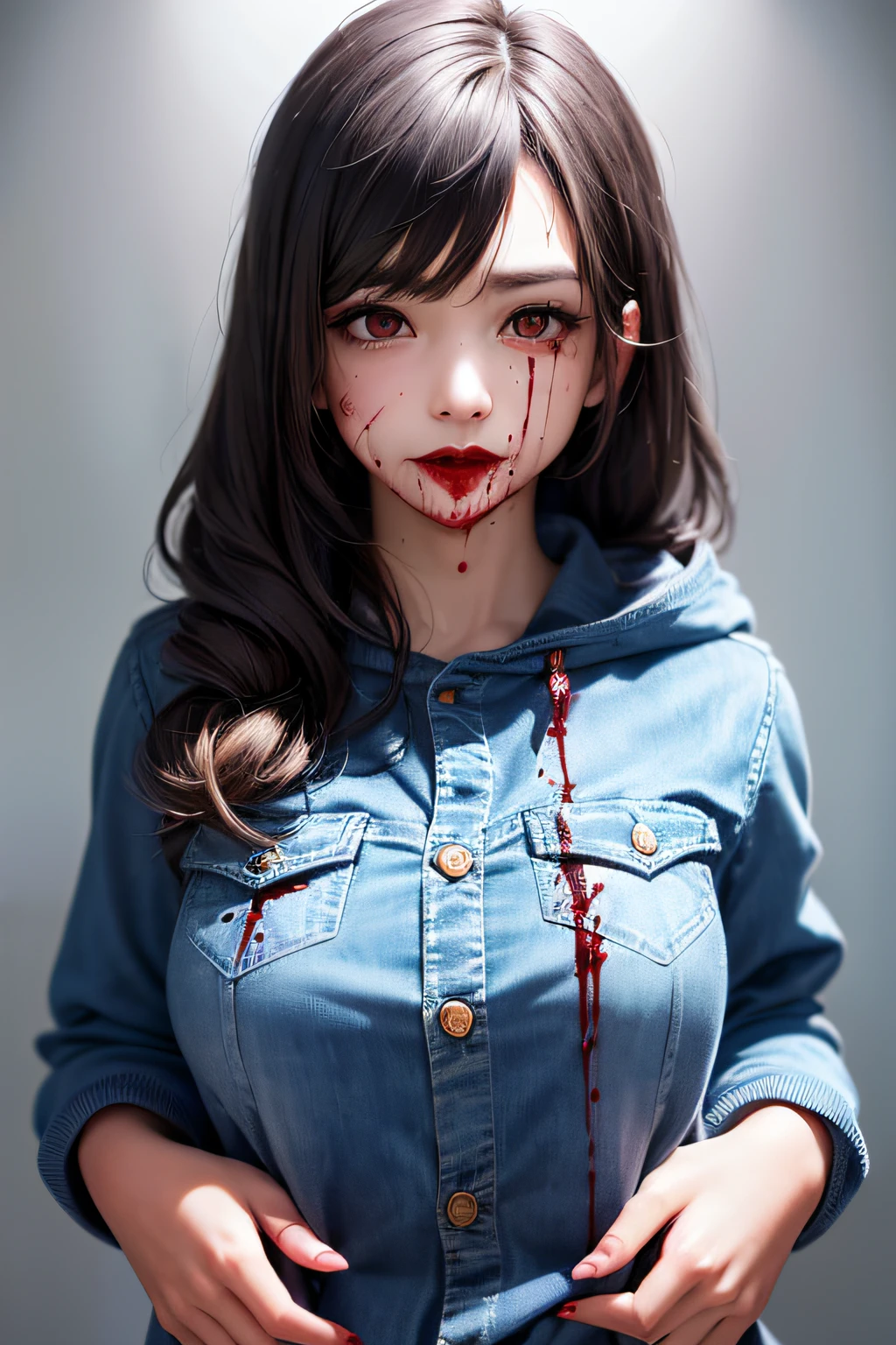 artstation original character, (masterpiece, Extremely detailed CG unity 8k wallpaper, best quality, highres:1.2), (ultra_detailed, UHD:1.2), perfect illumination, distinct, (1girl:1.4), (bishoujo:1.2), looking at viewer, cant be this cute, vivid color, (long hair, messy hair), unreal engine, (upper body, from front:1.2), sidelighting, perfect face, detailed face, bangs, lipstick, perfect body, beautiful eyes, pretty face, medium-large breast, (bright skin:1.4), young girl, (hair ornament), (background(blood):1.3), hood,sweatshirt,long denim pants,Red eyes