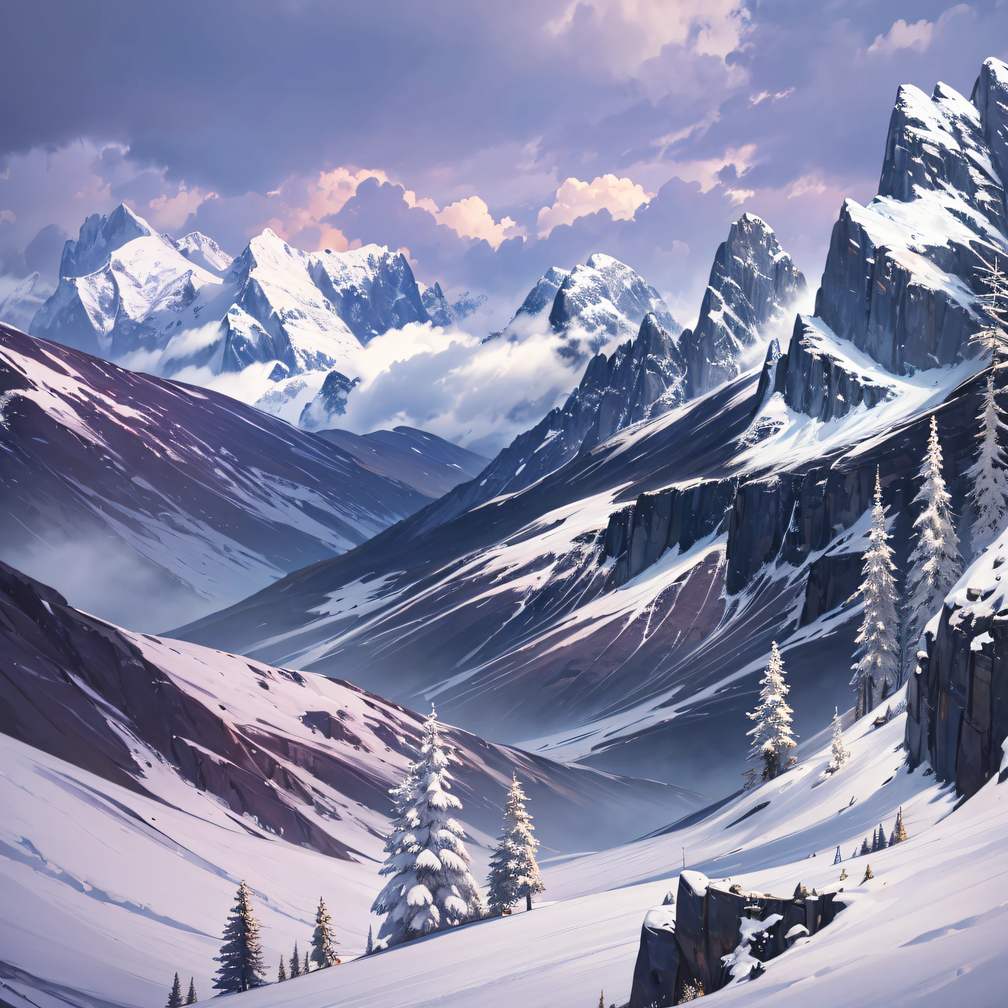 Create an AI-generated image featuring a majestic mountainous landscape (main subject), with thick clouds (secondary material). Use cinematic aesthetic (invite style), and high-quality photography for 4k resolution (photography/artistic prompt). Add shades of blue and purple for the color palette (specific colors - optional) --auto --s2