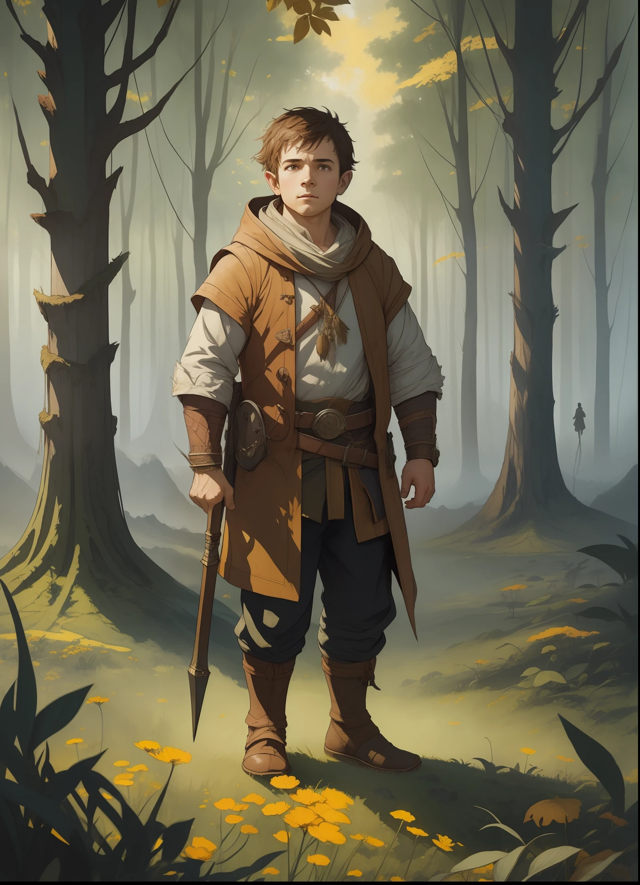 halfling man, short stature, 30 years old, very wide nose, yellow fabric clothes, full body standing on a plain, flowers and leaves, line art watercolor wash, very lit forest background, minimalistic, unfinished, concept art, by Brian Froud and Carne Griffiths and Wadim Kashin and John William Waterhouse, intricate details, 8k post production, high resolution, hyperdetailed, trending on artstation, sharp focus, studio photo, intricate details, highly detailed, by greg rutkowski