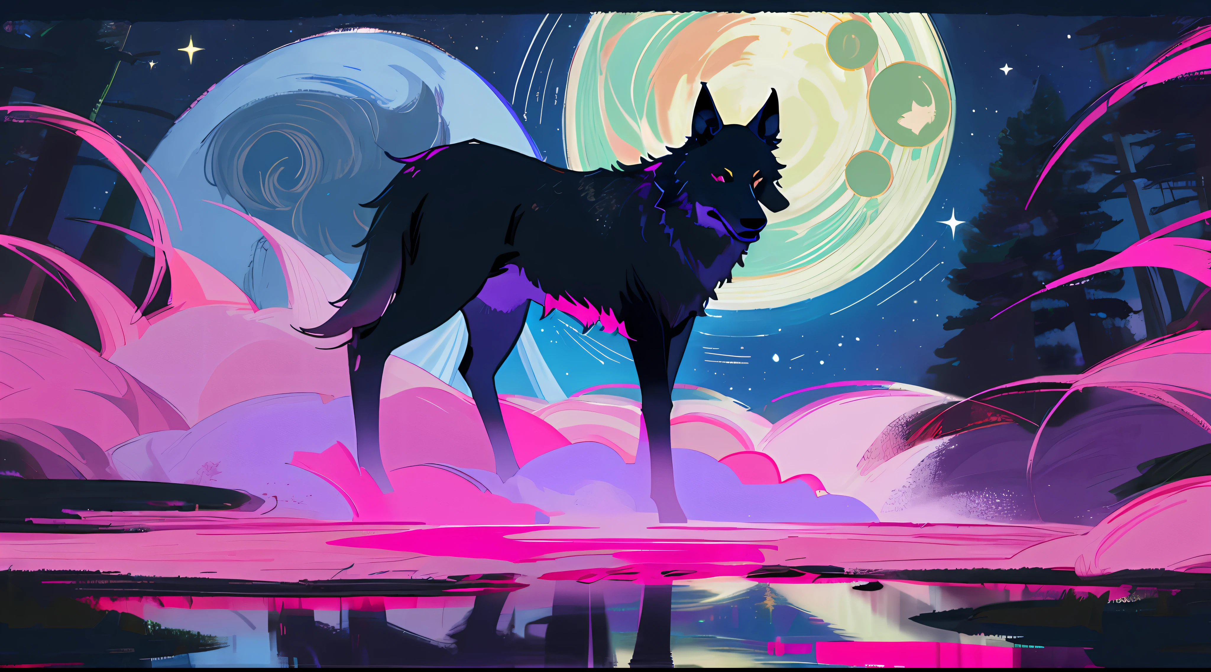 "((masterpiece)), better quality, ultra-deterrent details, high-definition illustration, majestic depiction of the black wolf and magenta, Okami, moonlight reflected in his coat, in the starry night, subtle lights illuminating the forest around him."