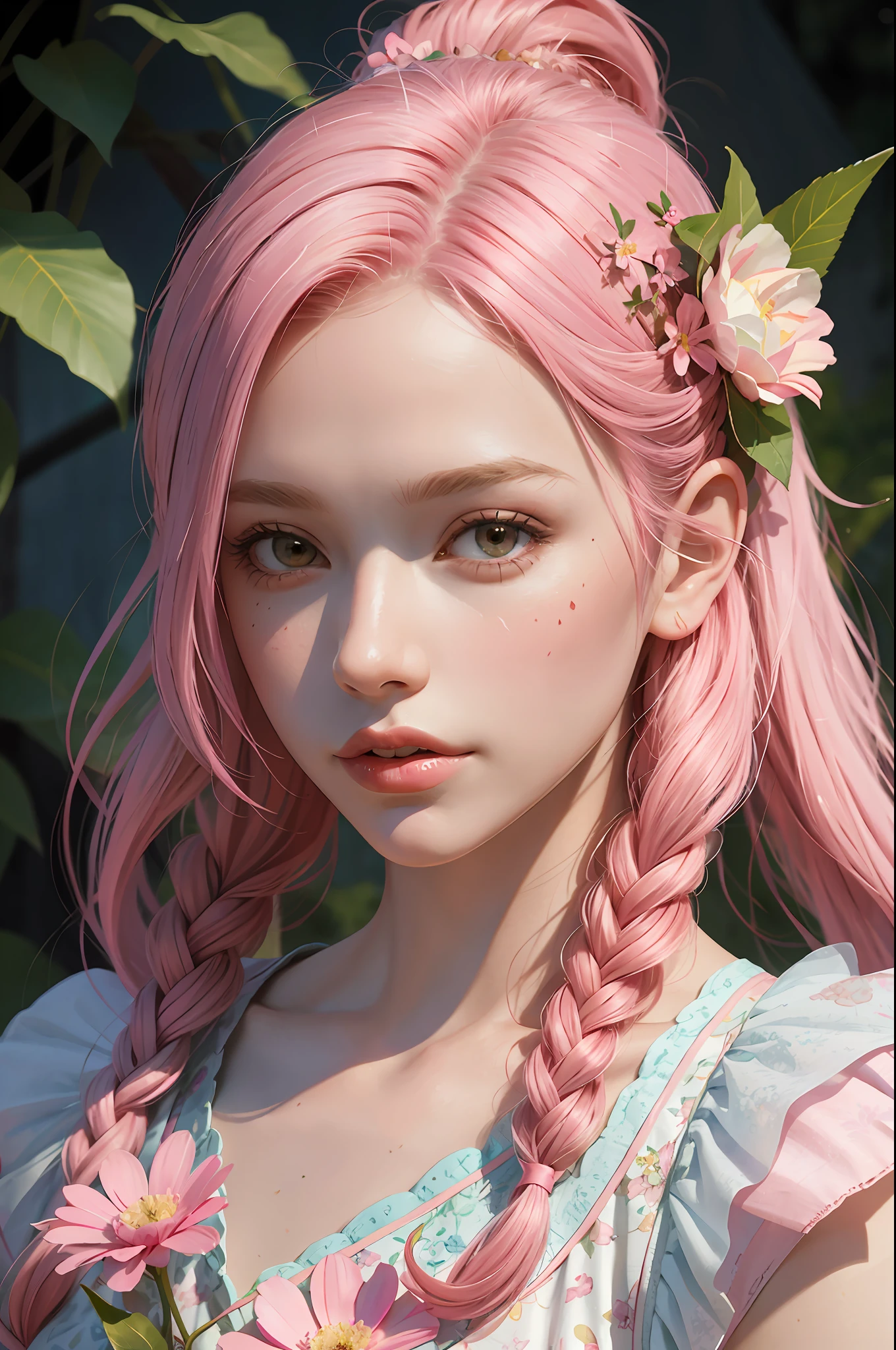A woman with pink hair and flowers in her hair, beautiful fantastic art portrait, realistic portrait of a fairy, beautiful fantastic portrait